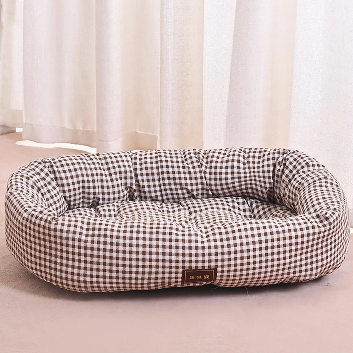 Odot Cama Perro Gato para Grande Medianos Pequeño, Impresión de Cuadros Cama Ortopédica Rectángulo Cojín de Felpa, Mascotas Sofá para Gatos, con Base Antideslizante, Lavable (Marrón,L)