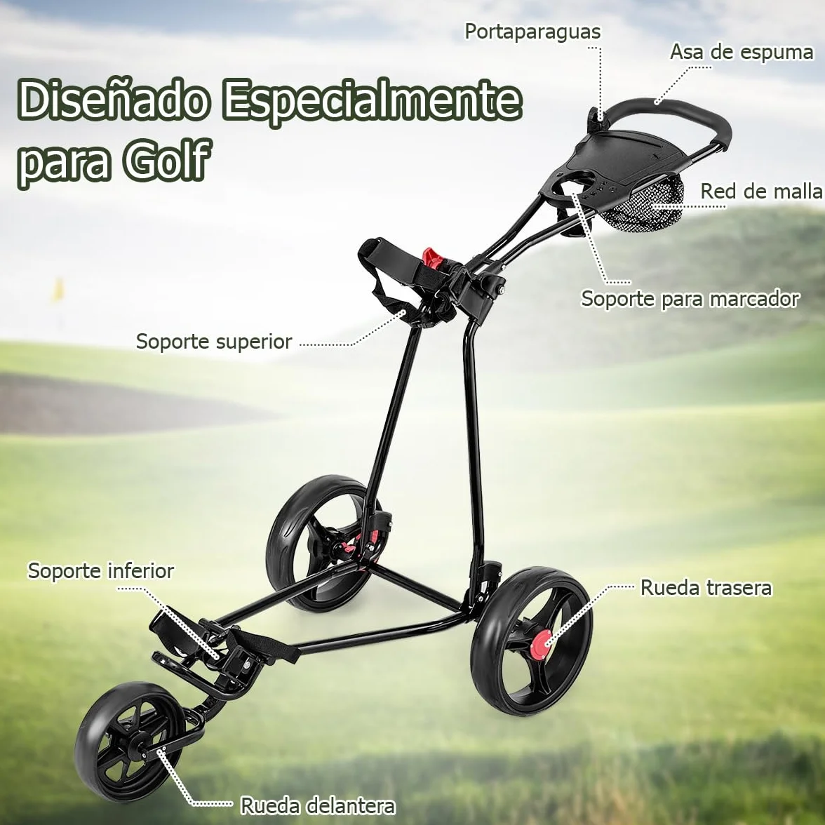 GOPLUS Carrito de Golf Plegable 3 Ruedas Goma Mango Ajustable Hierro Negro