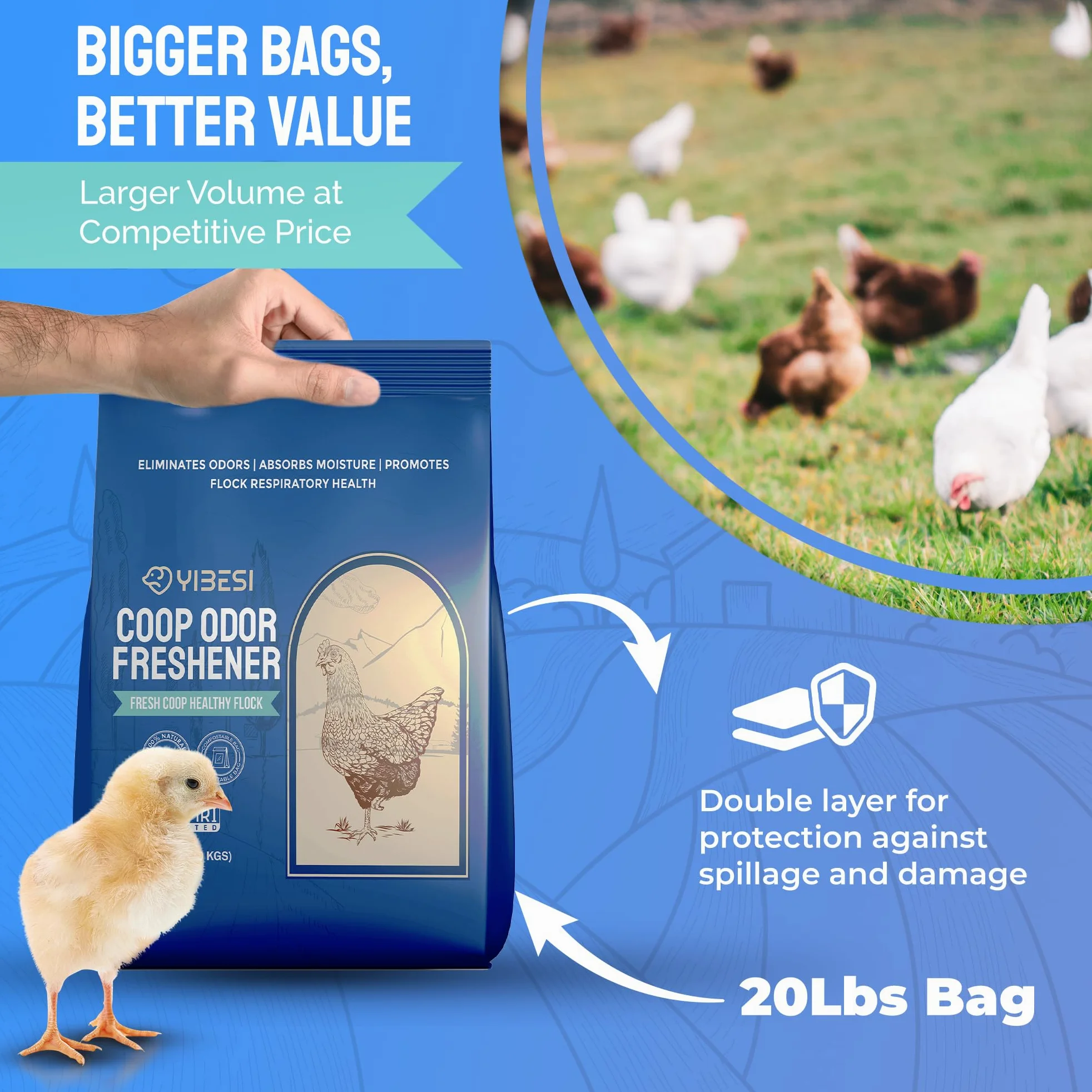 Desodorante de gallinero de 20 libras, removedor de olores de zeolita y absorbente de humedad, refrescante, control de olores de ropa de cama, limpiador de gallineros, accesorios eliminadores