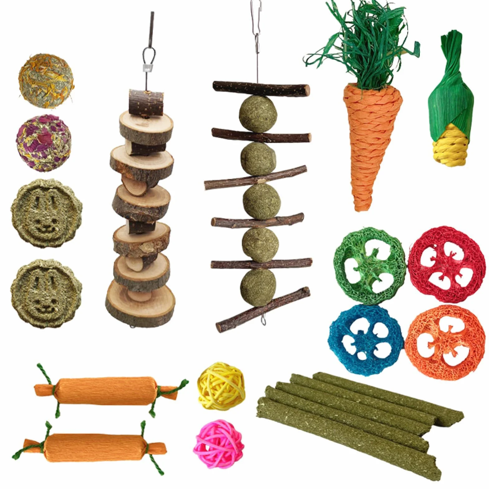 21pcs Juguetes para Conejos, Juguetes Masticables para Conejos, Hámsters, Cobayas Chinchillas, Juegos para Roedores, Palos Heno Timoteo, Palos Manzano, Bolas Ratán para Mascotas con Dientes