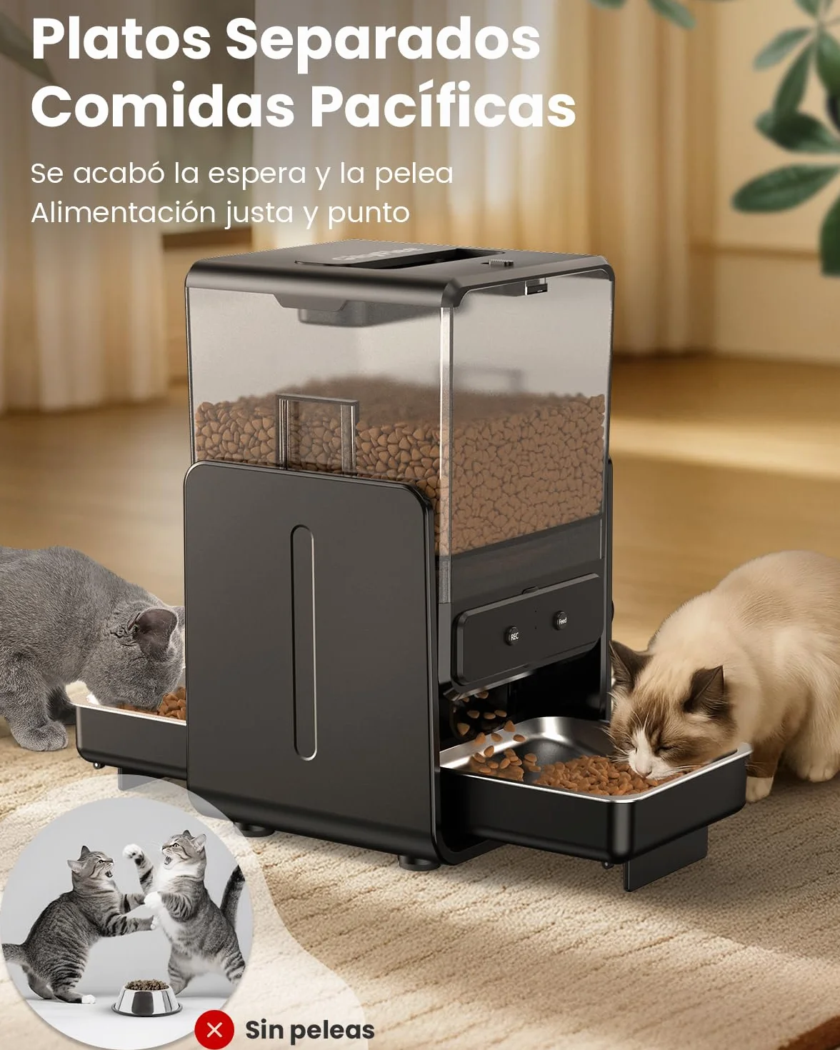 Comedero Gato Automatico con Control App para 2 Gatos, Altura Ajustable para Mascotas Pequeñas, Dispensador Comida Gatos de 5 litros para Alimento Seco, Grabadora de Voz