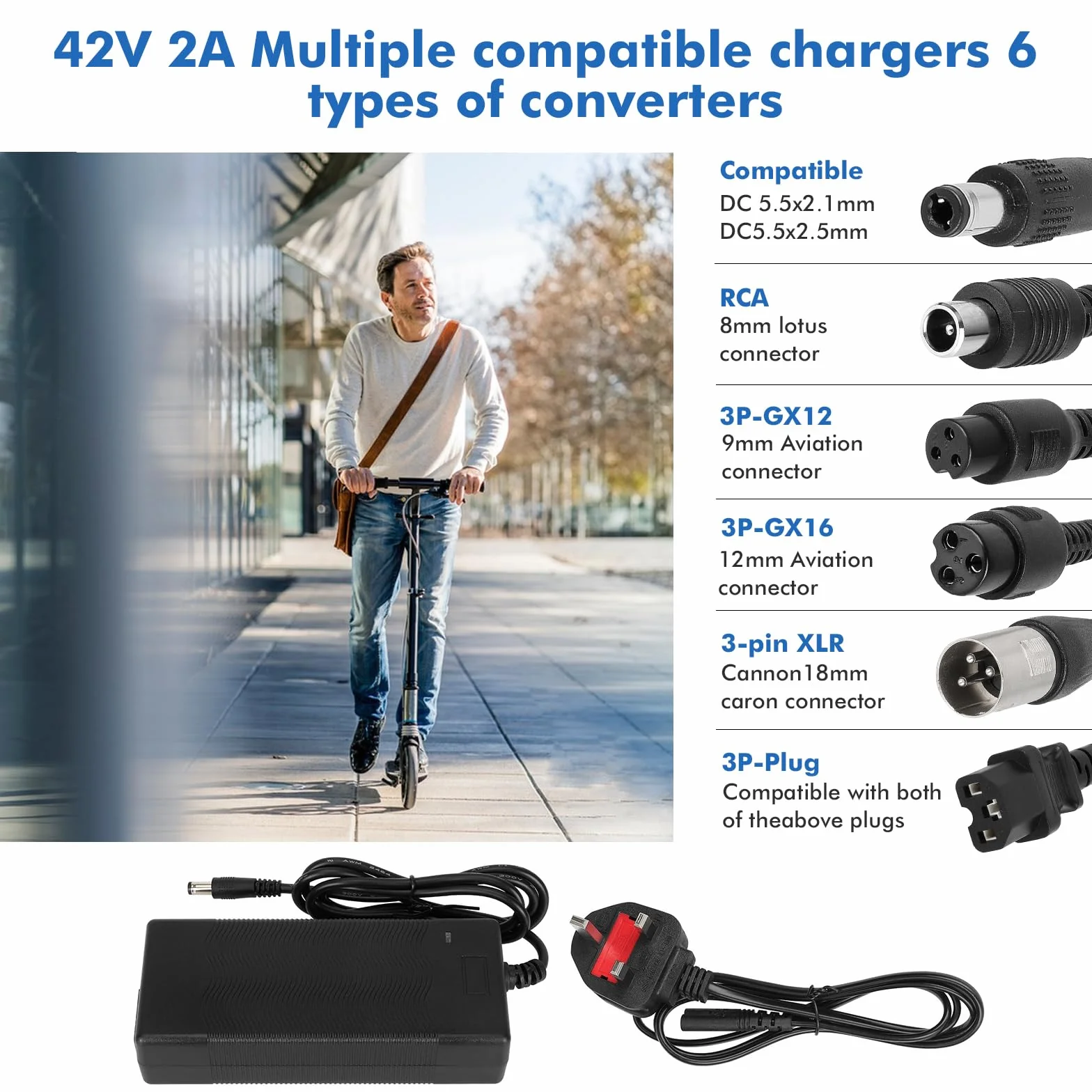 Cargador Patinete Electrico Xiaomi 42V 2A Universal 36V Litio 6 Conectores Carga Rapida