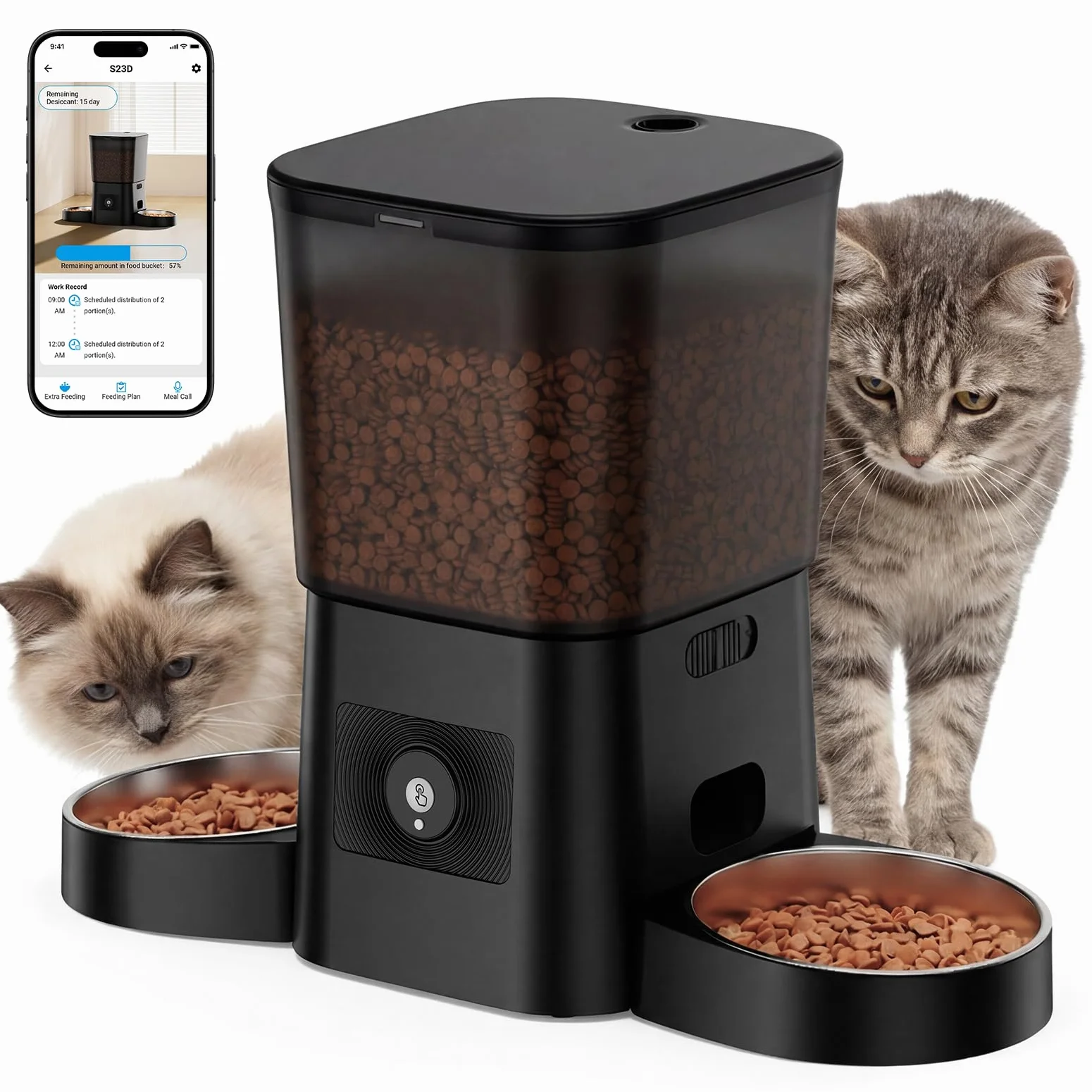 HoneyGuaridan Comedero Gato Automatico Doble, 5 G/2.4 G WiFi Dispensador Comida Gatos Perros, Comedero Gato Automatico 2 Tazones, Control App, Acero Inoxidable, Grabadora de Voz