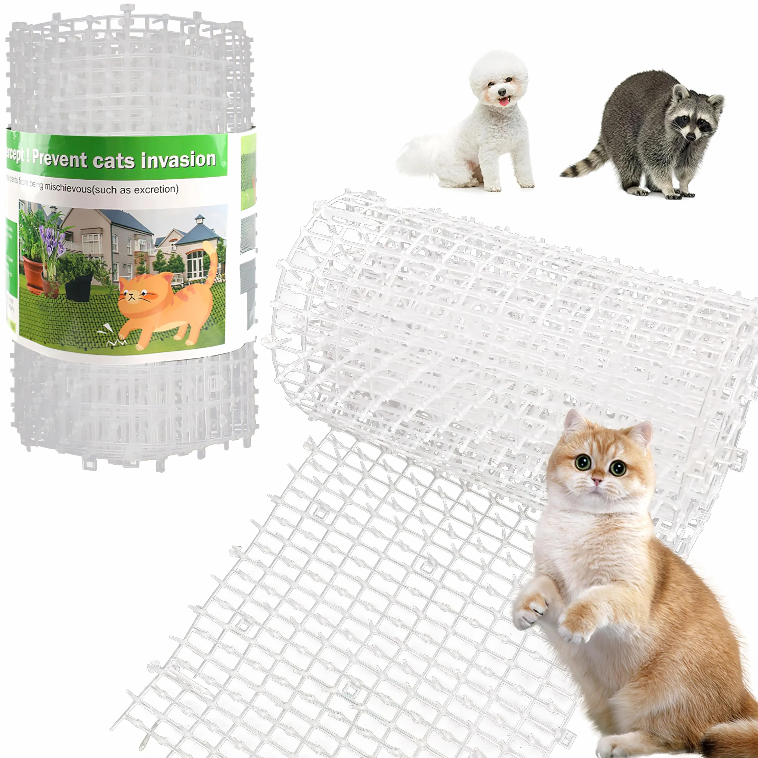 Alfombrilla Repelente de Mascotas, Blanca, 1,98 m con 8 Estacas para el Suelo 8 Bridas, Alfombrilla Repelente de Gatos con Púas Suaves para Jardín/Patio Trasero, Alfombrilla Disuasoria de