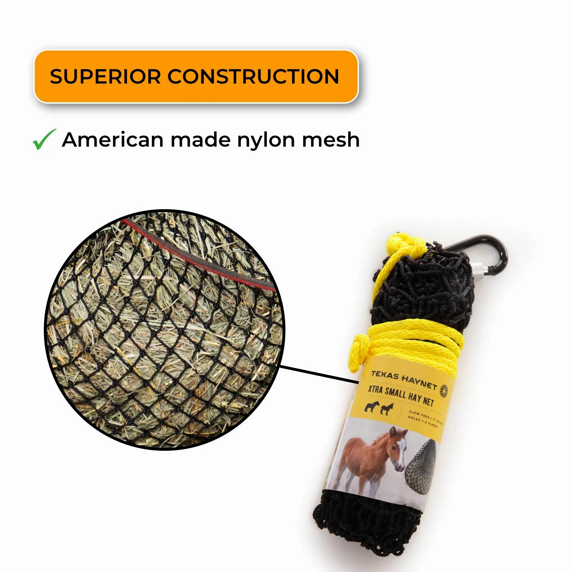 Texas Haynet - Red de heno de alimentación lenta extra pequeña con agujeros de 1 pulgada, lo mejor para minis, sostiene fácilmente 1-2 copos