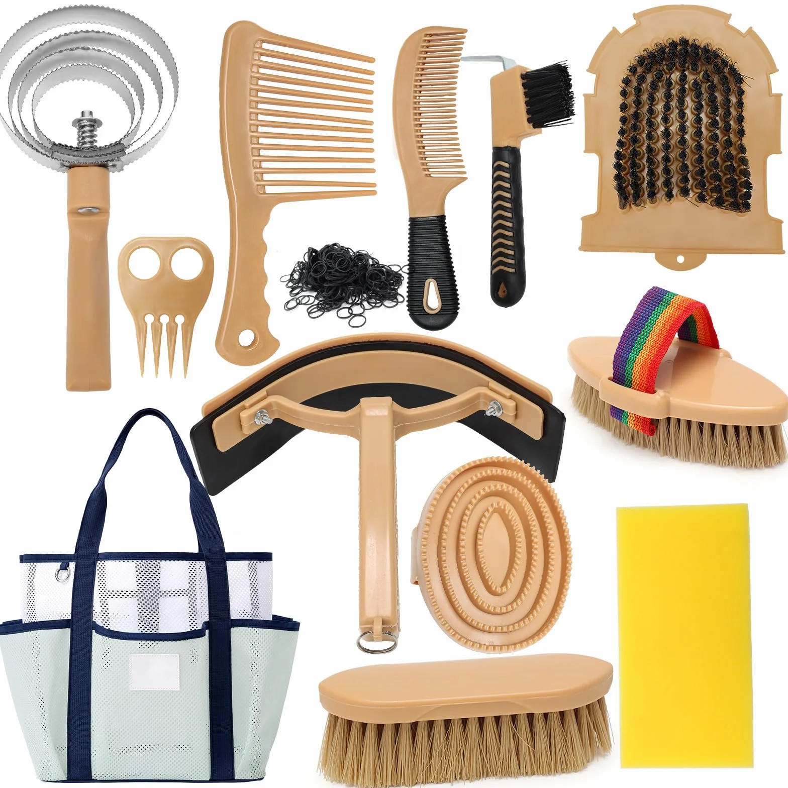 Kit de aseo para caballos de 13 piezas con 12 accesorios y 1 bolsa de almacenamiento, Serie Cuidado del Caballo, Amarillo, Cepillos para Caballos, Cepillos de Cerdas, Aseo, Accesorios de Aseo
