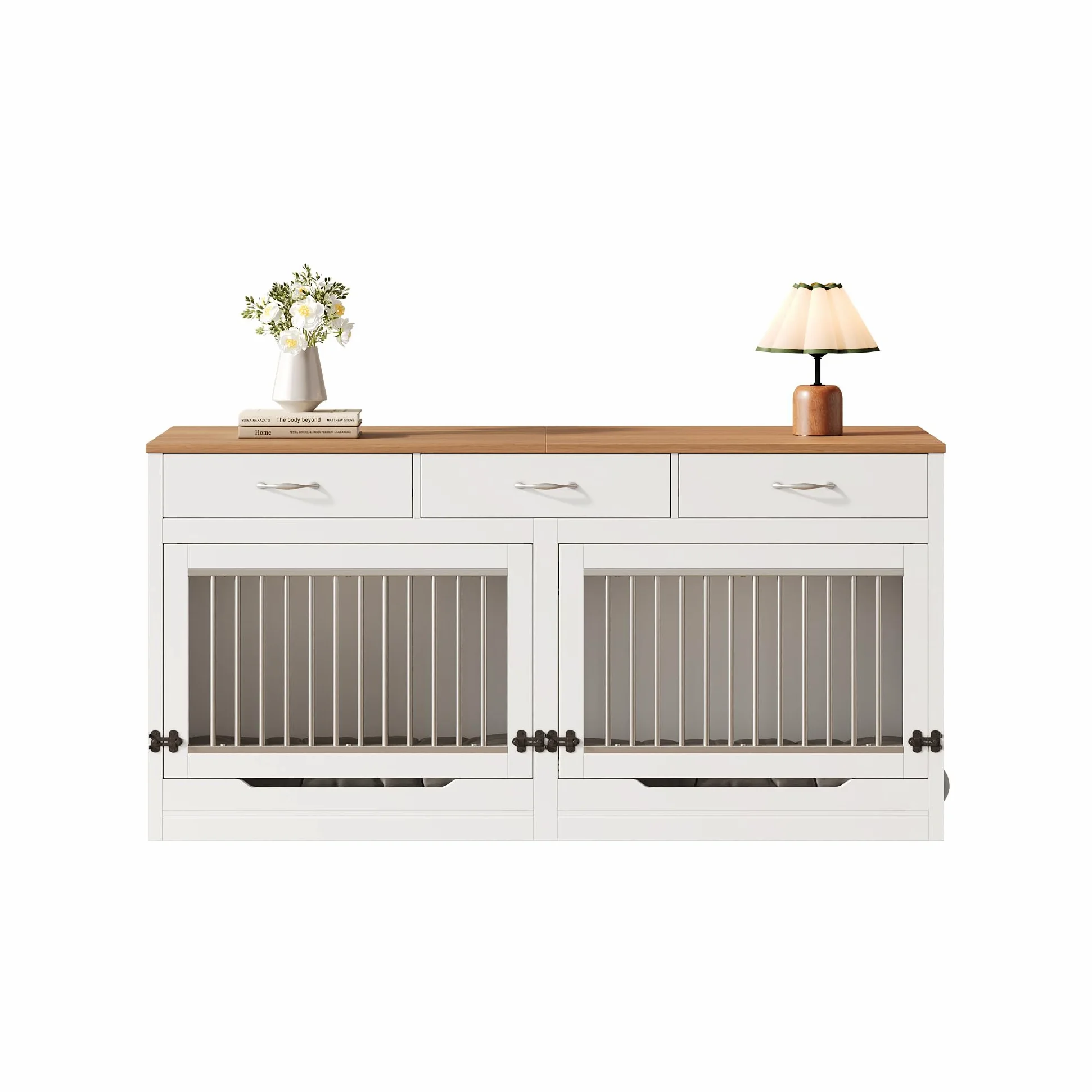 Jaula para perros de madera y metal, para 2 perros, 164 x 60 x 81 cm, caseta interior, tapa abatible, divisor extraíble, 3 cajones (blanco + efecto madera)
