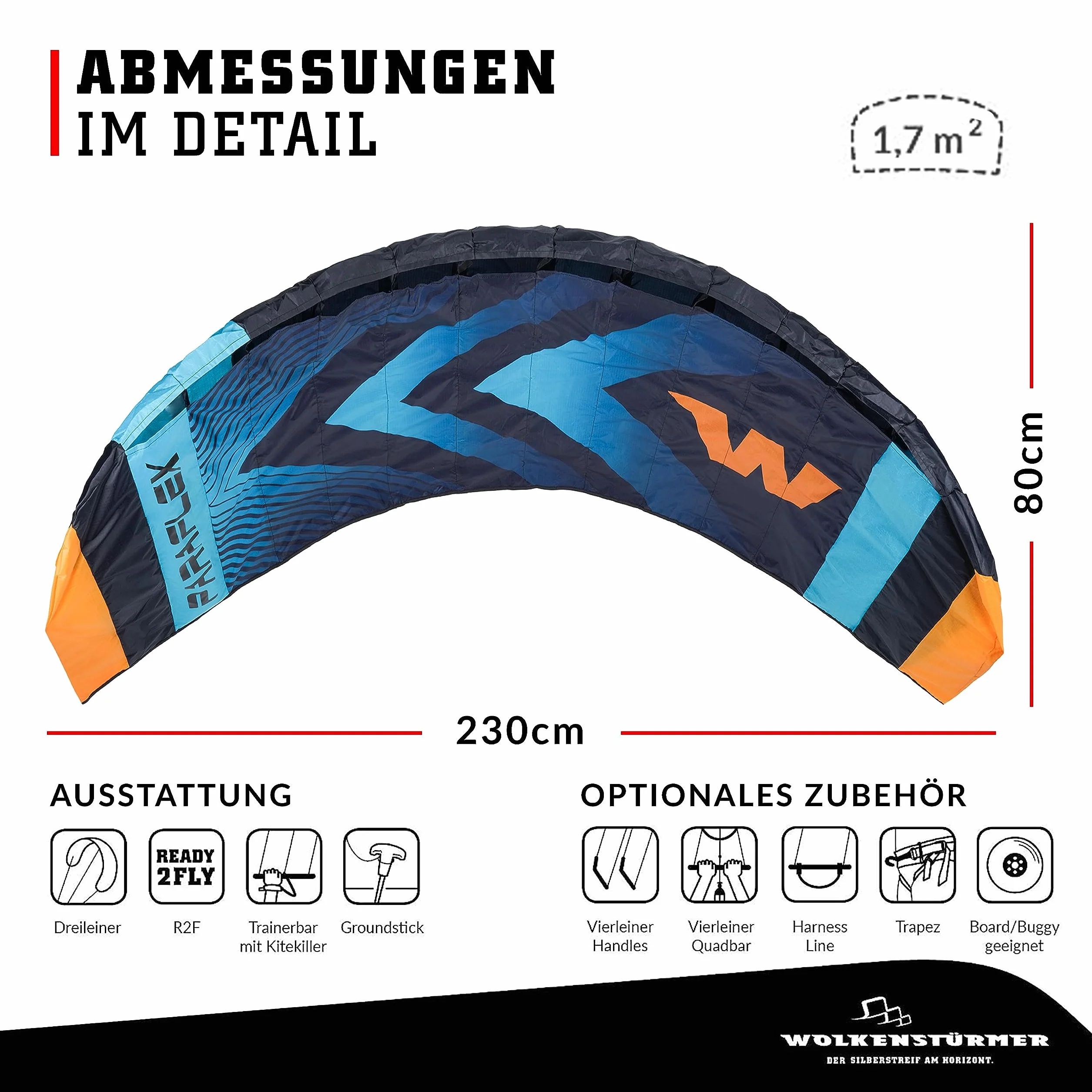 Wolkenstürmer Paraflex Trainer - Alfombra de dirección 3L 2.3 (Turquesa) - Cometa 230 cm con Barra de Entrenamiento
