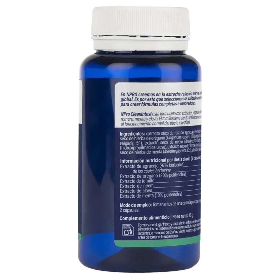 NPro SALUD INTESTINAL Cleanintest 60 Cápsulas – Neem, Berberina, Orégano, Tomillo y Clavo - Suplemento Antimicrobiano Natural para Limpieza Intestinal