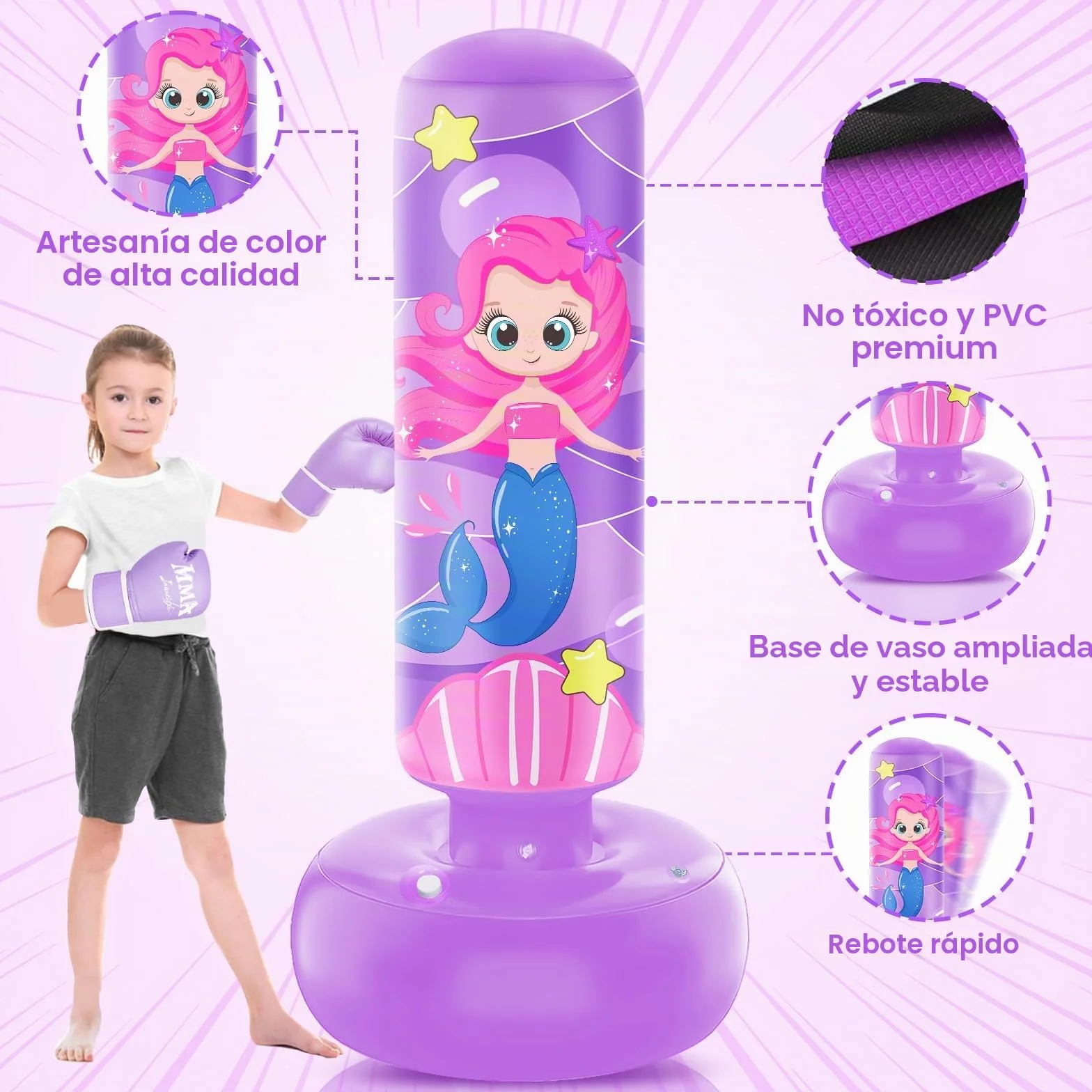 Saco de Boxeo Inflable Grande 168 cm para Niños 5-12 Años con Guantes, Set de Karate Taekwondo MMA