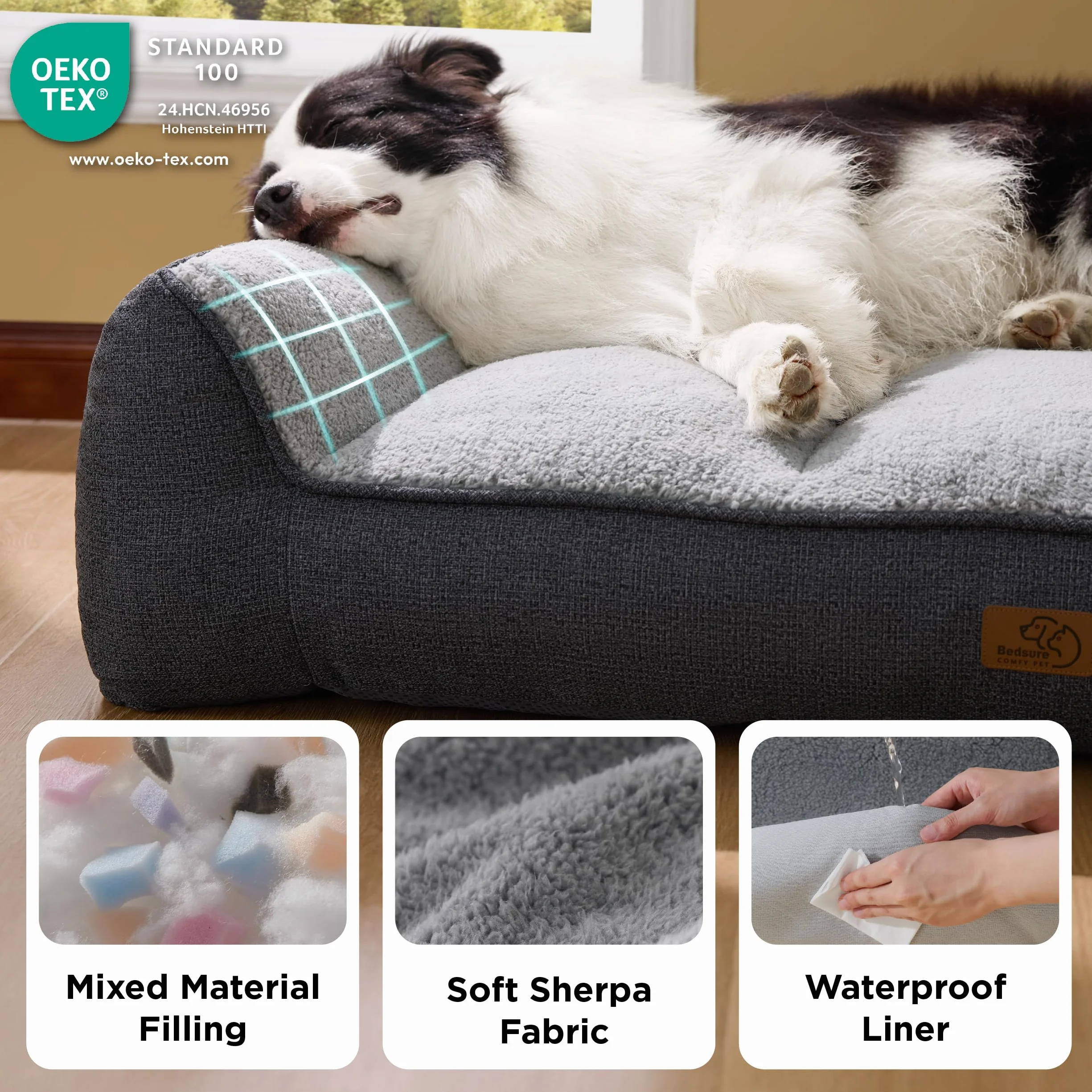 Bedsure Cama Lavable Perros Grandes - 106x76cm Sofá para Perro Extra Grueso y de Soporte con Funda Impermeable, Cama Antideslizante de Peluche Sherpa Suave, Gris Oscuro