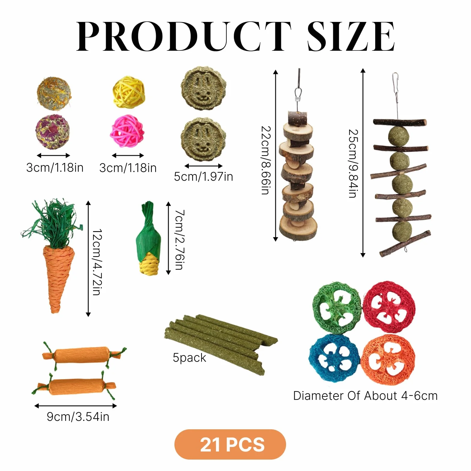 21pcs Juguetes para Conejos, Juguetes Masticables para Conejos, Hámsters, Cobayas Chinchillas, Juegos para Roedores, Palos Heno Timoteo, Palos Manzano, Bolas Ratán para Mascotas con Dientes