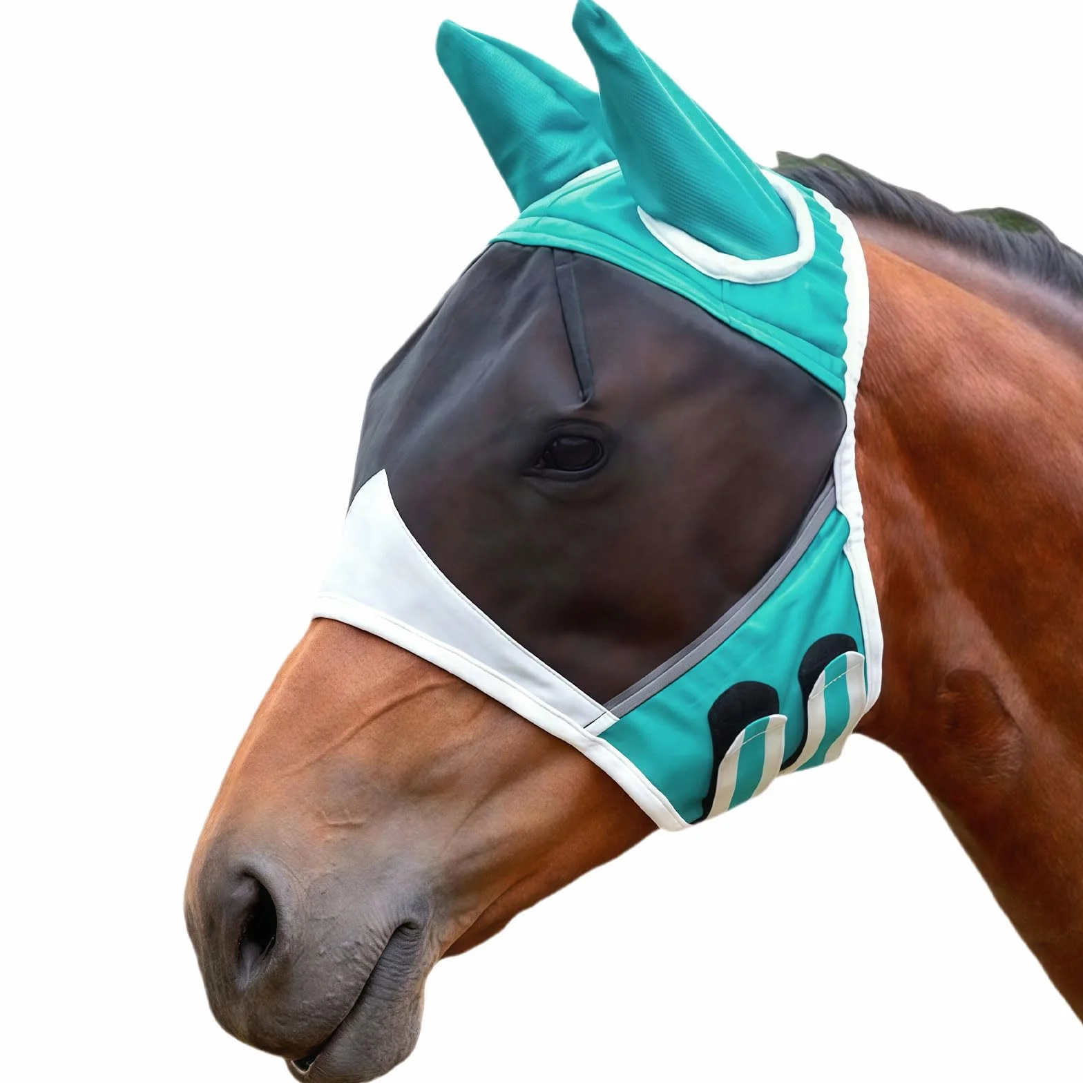 Máscara de mosca de caballo MUNSKT transpirable elástica con gran espacio para los ojos, máscara contra mosquitos e insectos, máscara de mosca Shires con orejas para caballos (M)