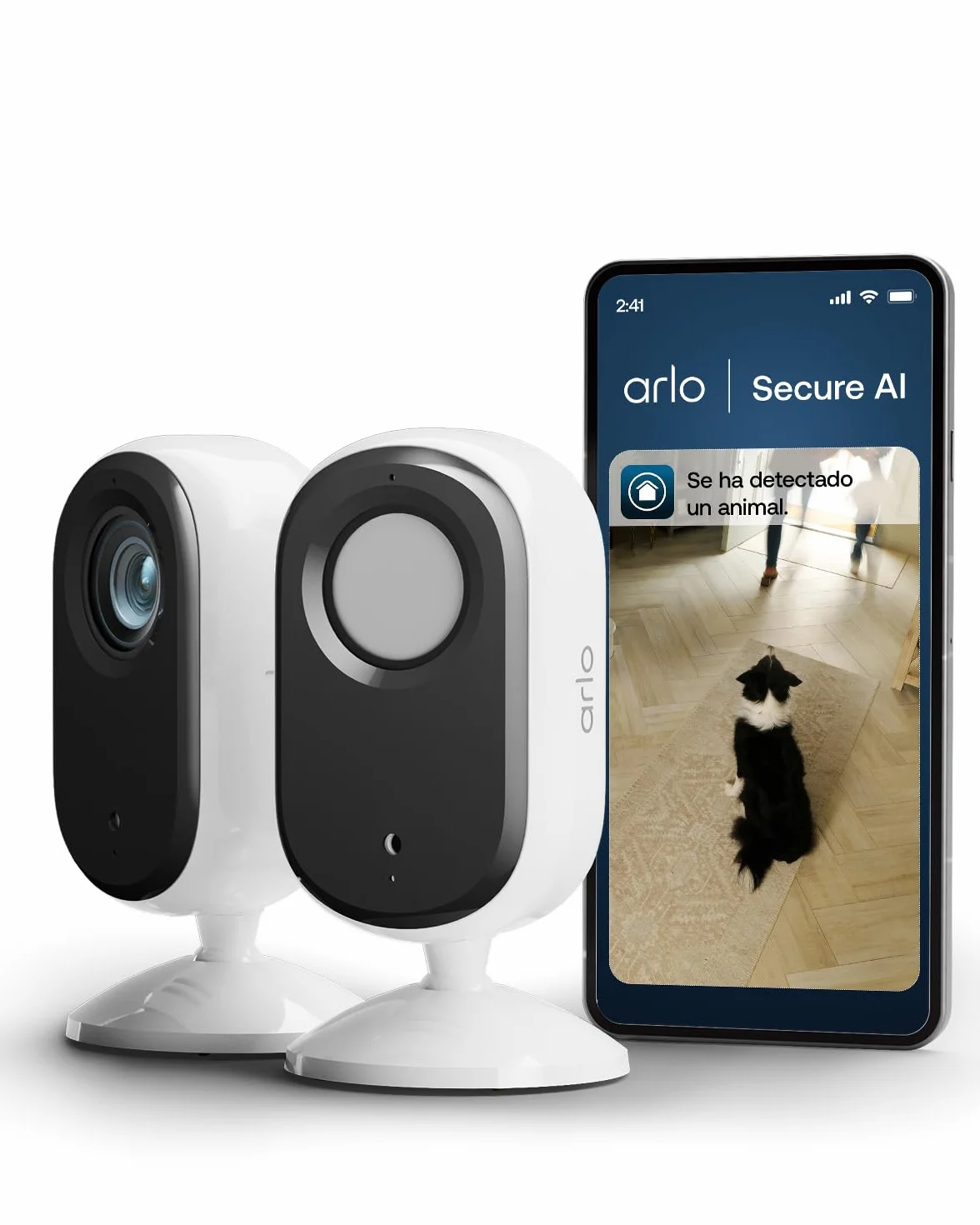 Arlo Essential 3 Indoor Camara Vigilancia Bebe/Mascotas HD, Sensor de Movimiento, Alarmas para Casa, Visión Nocturna, Prueba Secure Incluida, con Cubierta de Lente automática, 2 Cámaras, Blancas