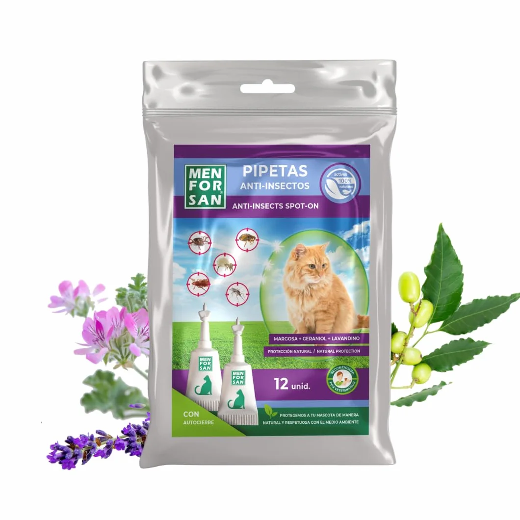 MENFORSAN Pack con 12 Pipetas Anti-Insectos para Gatos, con Margosa, Geraniol y Lavandino, Bolsa autocierre