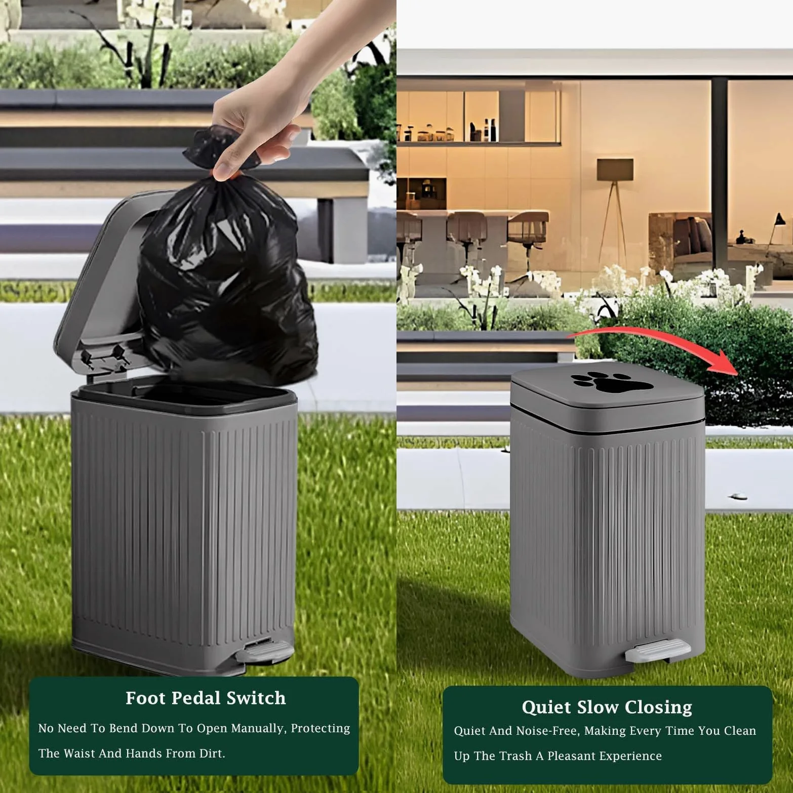 Cubo de basura para excrementos de perro en el exterior, cubo de 5 litros con tapa, pedal de pie, contenedor de residuos para perros con 40 bolsas, tapa de cierre suave para mascotas (cubo