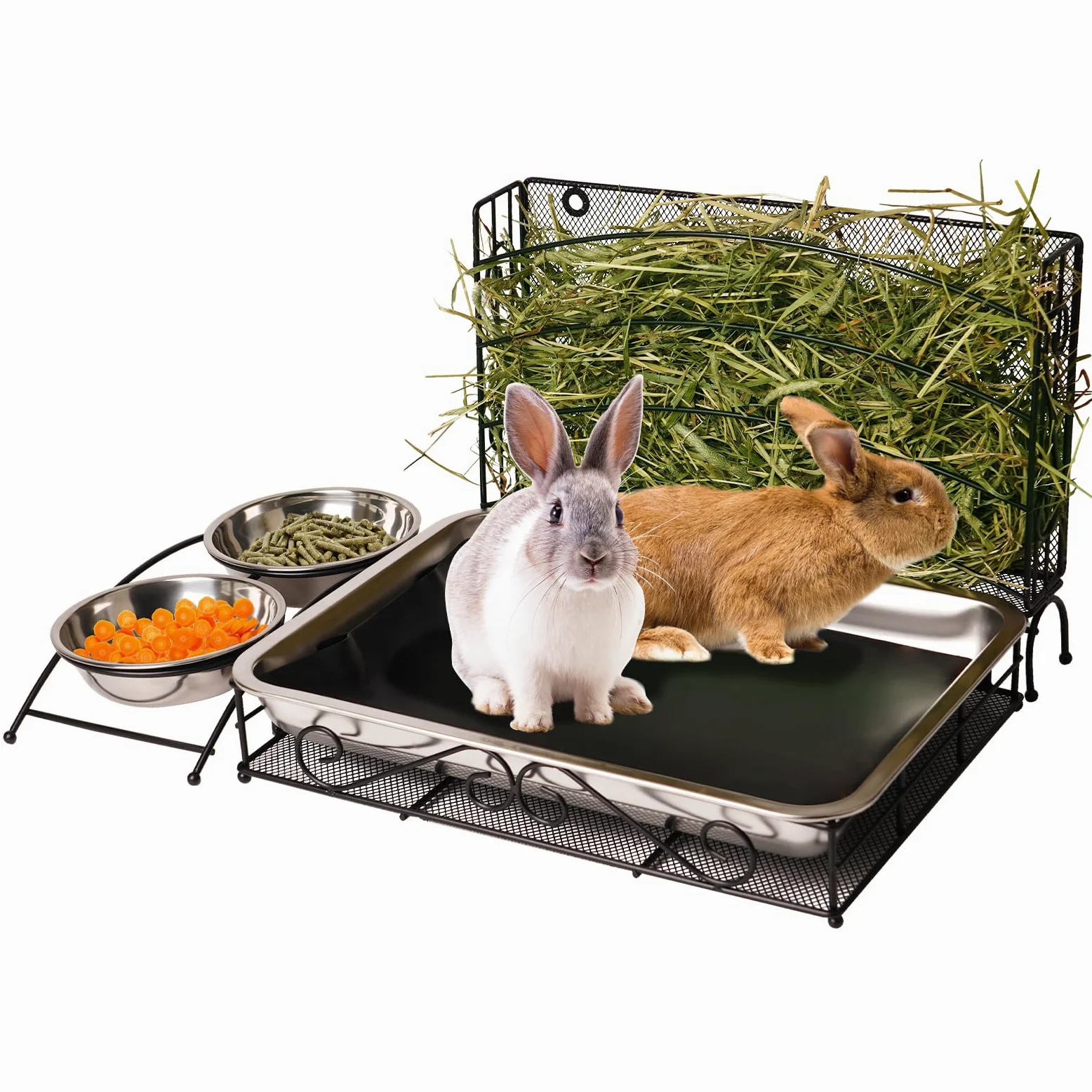 Comedero de heno 3 en 1 para conejos con caja de arena y cuencos, comedero de heno de cobayas con estante de heno de metal, caja de arena para conejos, cuenco de alimentación de animales