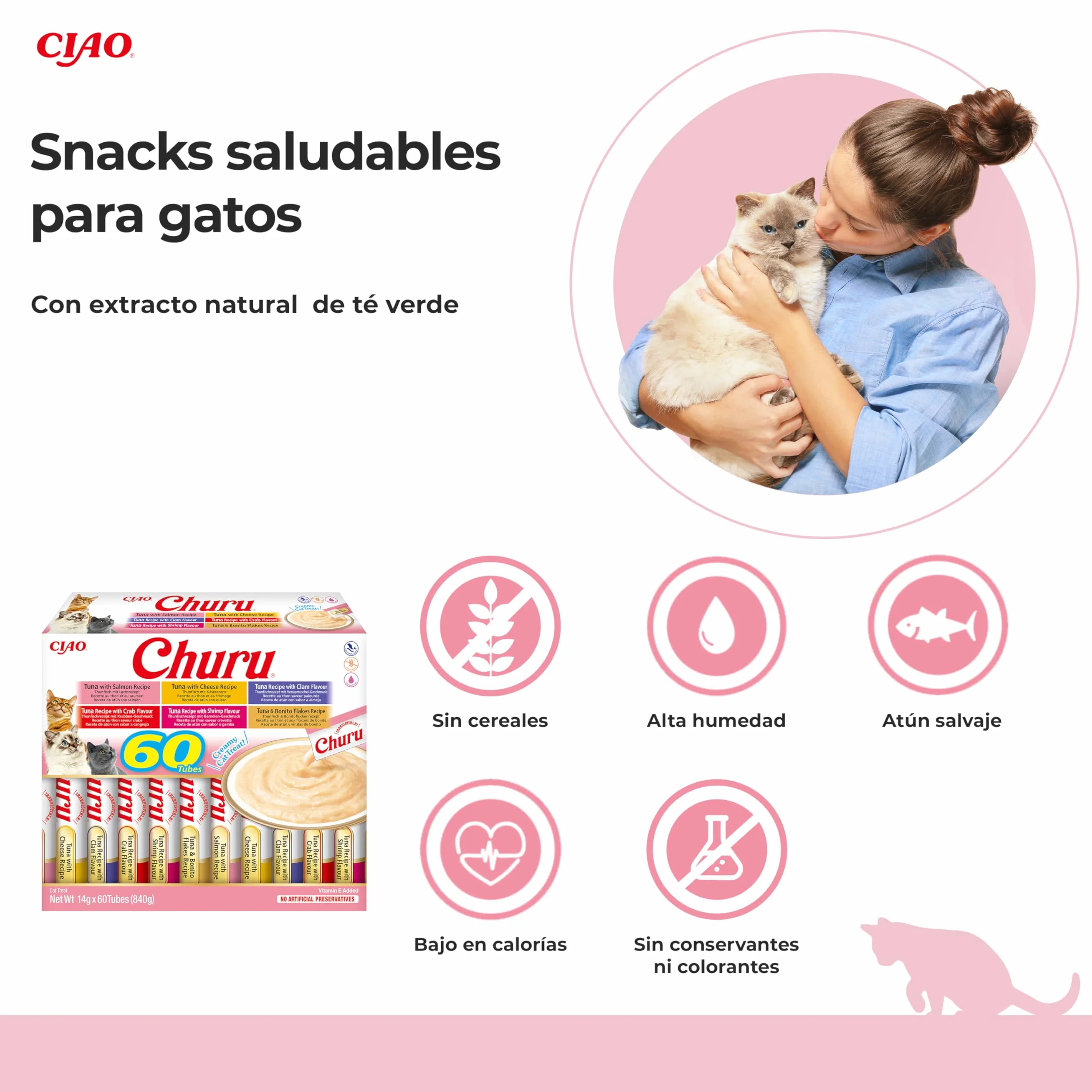 INABA Churu Gatos Snacks Saludables Atún 840g 60x14g Cremoso Sin Cereales Sin Conservantes