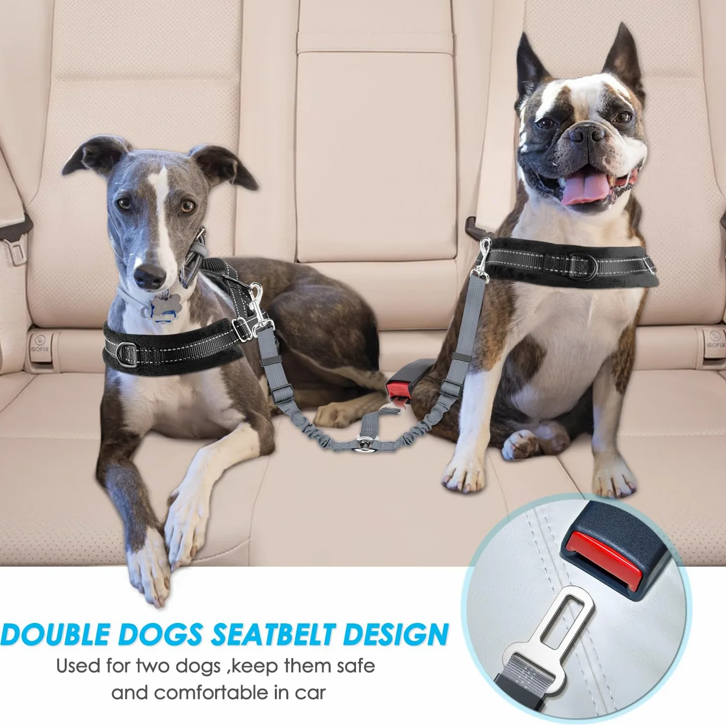 SlowTon - Cinturón de Seguridad Doble para Perro, con Doble acoplador Ajustable y elástico y Rayas Reflectantes para Dos Mascotas, para Viajes en Coche