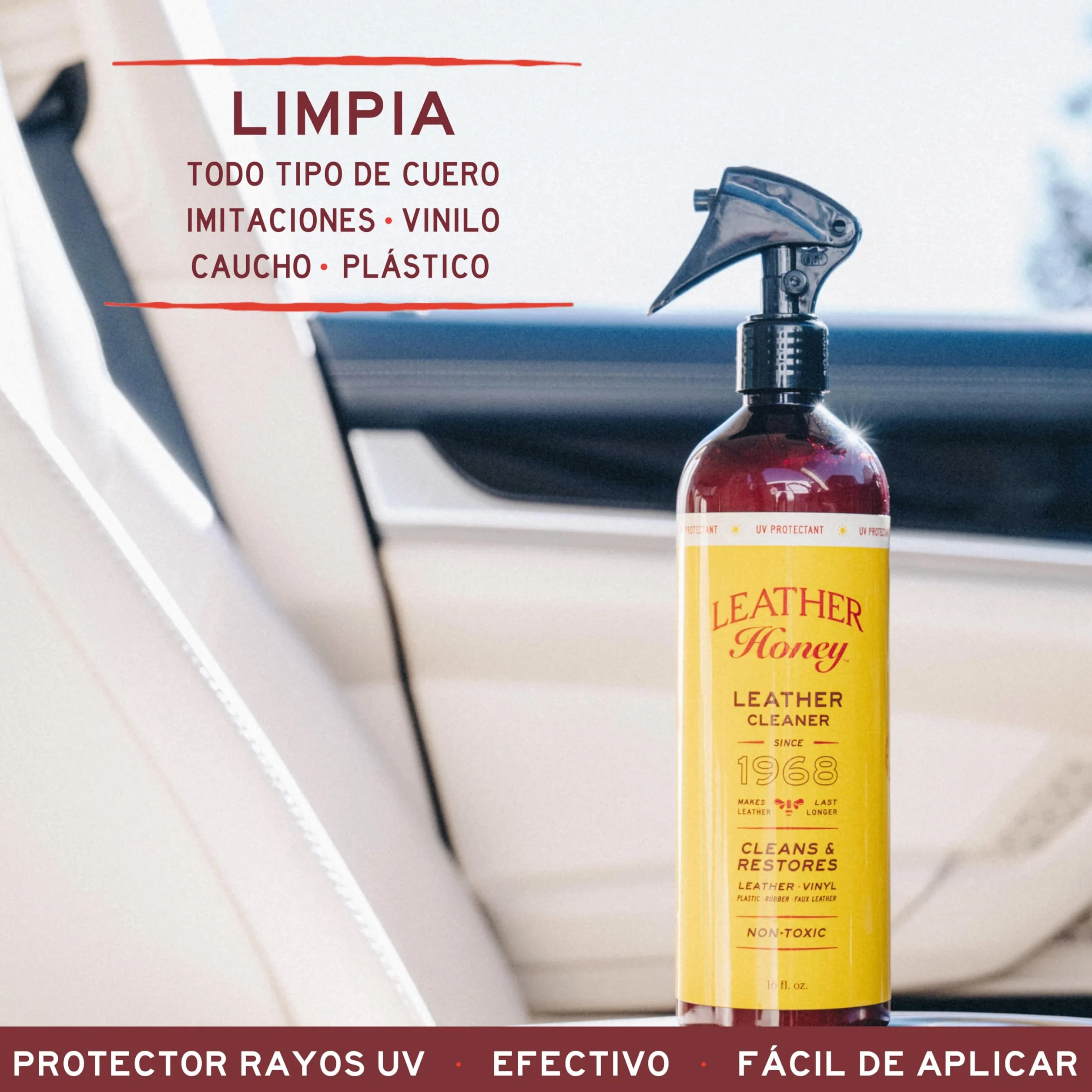 Spray limpiador Leather Honey: protector UV, no tóxico y fabricado en EE. UU. desde 1968. Limpia y protege cuero, imitación y vinilos, coches, bolsos, zapatos, etc. Seguro para cualquier color.