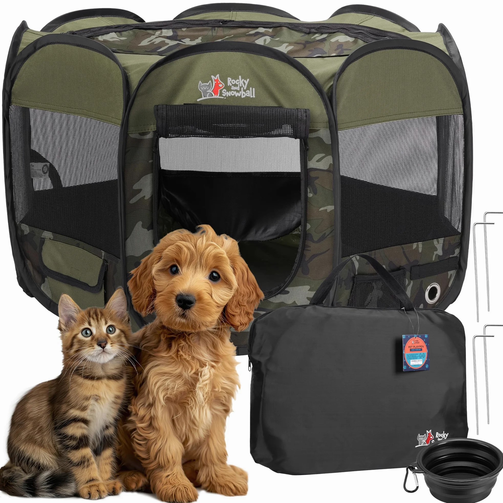 Rocky + Corral desplegable de bolas de nieve para perros, cachorros, gatos, conejos, corralito de juego para interiores o exteriores, corralito portátil con funda de transporte y cuenco plegable,