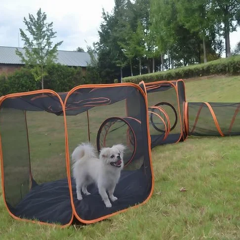 Recintos para gatos al aire libre, tiendas de campaña de malla portátiles con túneles de juego para gatos, conejos y animales pequeños, diseño hexagonal para un tiempo de juego divertido y fácil