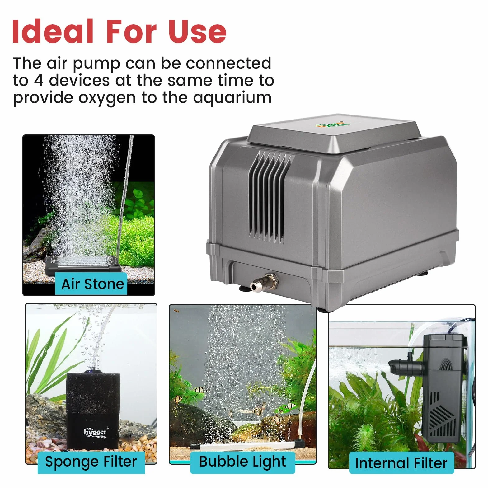 Hygger Ossigenatore per Acquario,15W Regulable Bomba Aire Acuario con 4 Outlets para Acuario, 1325 LPH Fish Tank Air Pump Up to 3800L Aquariums