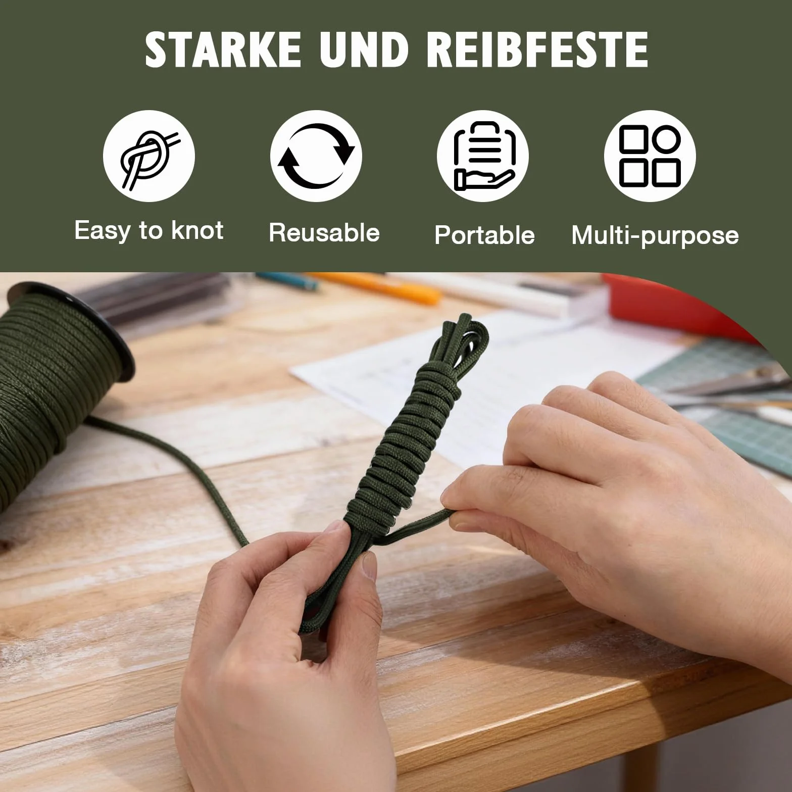 Cuerda Paracord 4mm 30M Bobina de Nylon para Bricolaje, Manualidades, Camping, Verde Militar