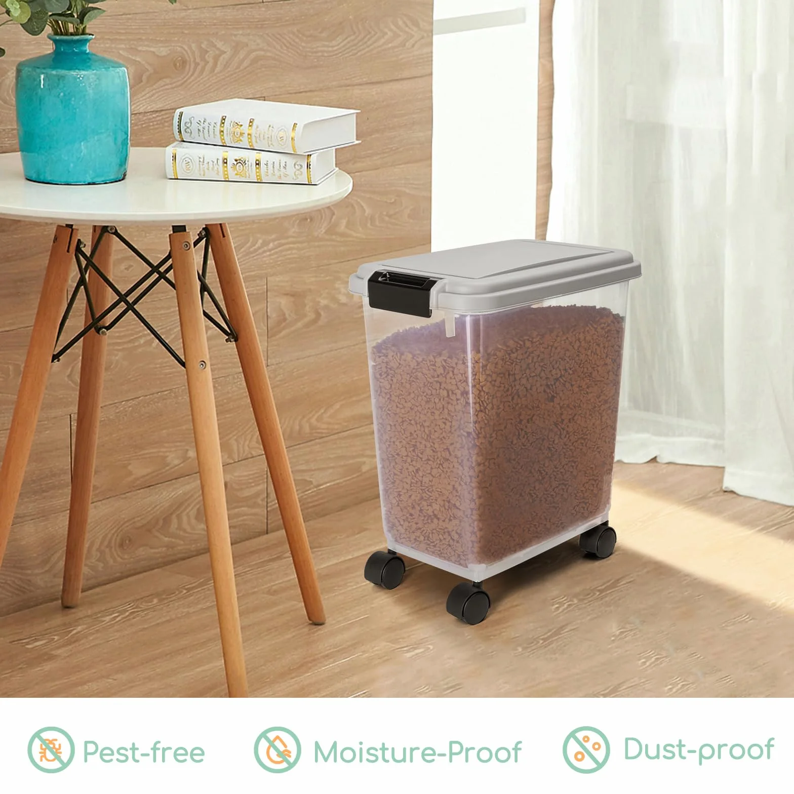 Nobleza - Contenedor de Comida para Mascotas 20L， Mascotas Caja de Alimentos con Ruedas Contenedor， Tapa abatible， hermética， Transparente， Ruedas y Pala， para Comida para Perros y Gatos， Gris