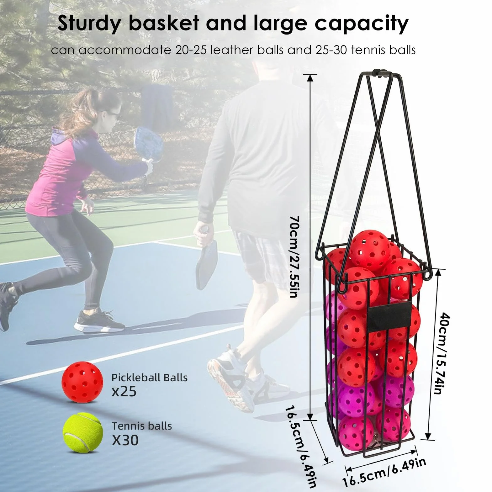 Colector de pelotas de pickleball ajustable con asa, cesta ligera para entrenamiento
