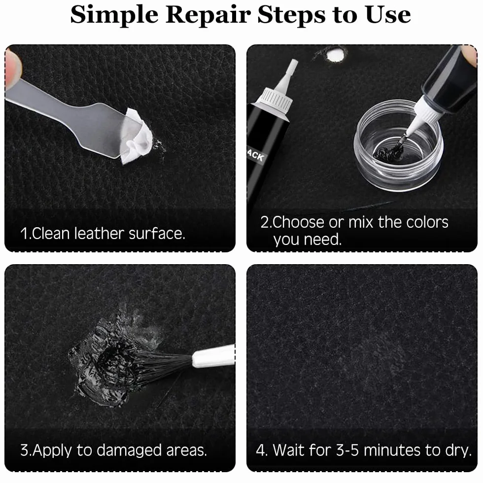 Crema de Reparación de Cuero, Kit de reparación de cuero de 2 piezas para reparar desgarros de muebles, sofá, chaqueta, asiento de barco, negro