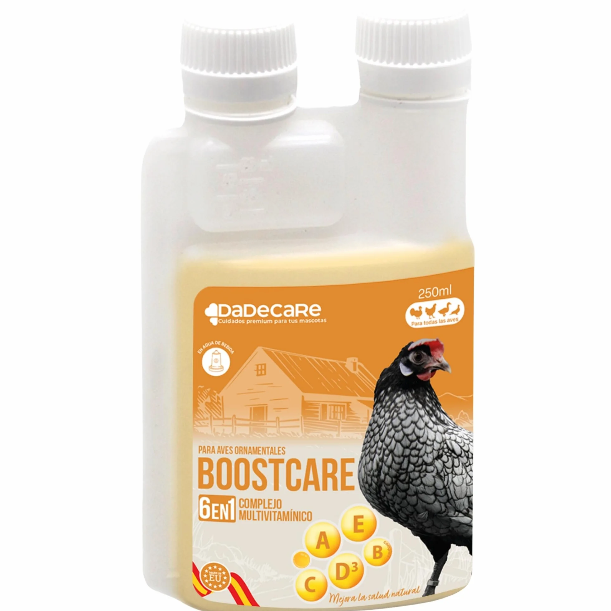 Multivitamínico 6 en 1 250ml Aves | Vitaminas A-E-D-C-B| Pienso Complementario para Bebedero Gallinas, Pollos, Palomas, Loros y Periquitos con Dosificador - Boostcare