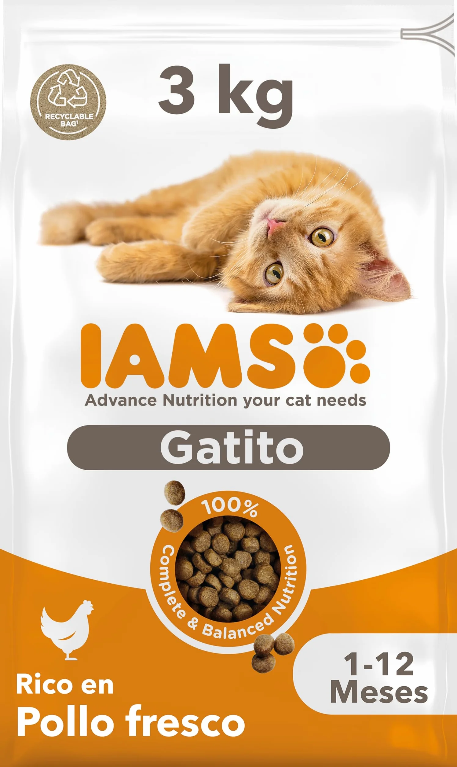 IAMS Alimento seco para gatitos junior de 1-12 meses con pollo fresco, 3 kg