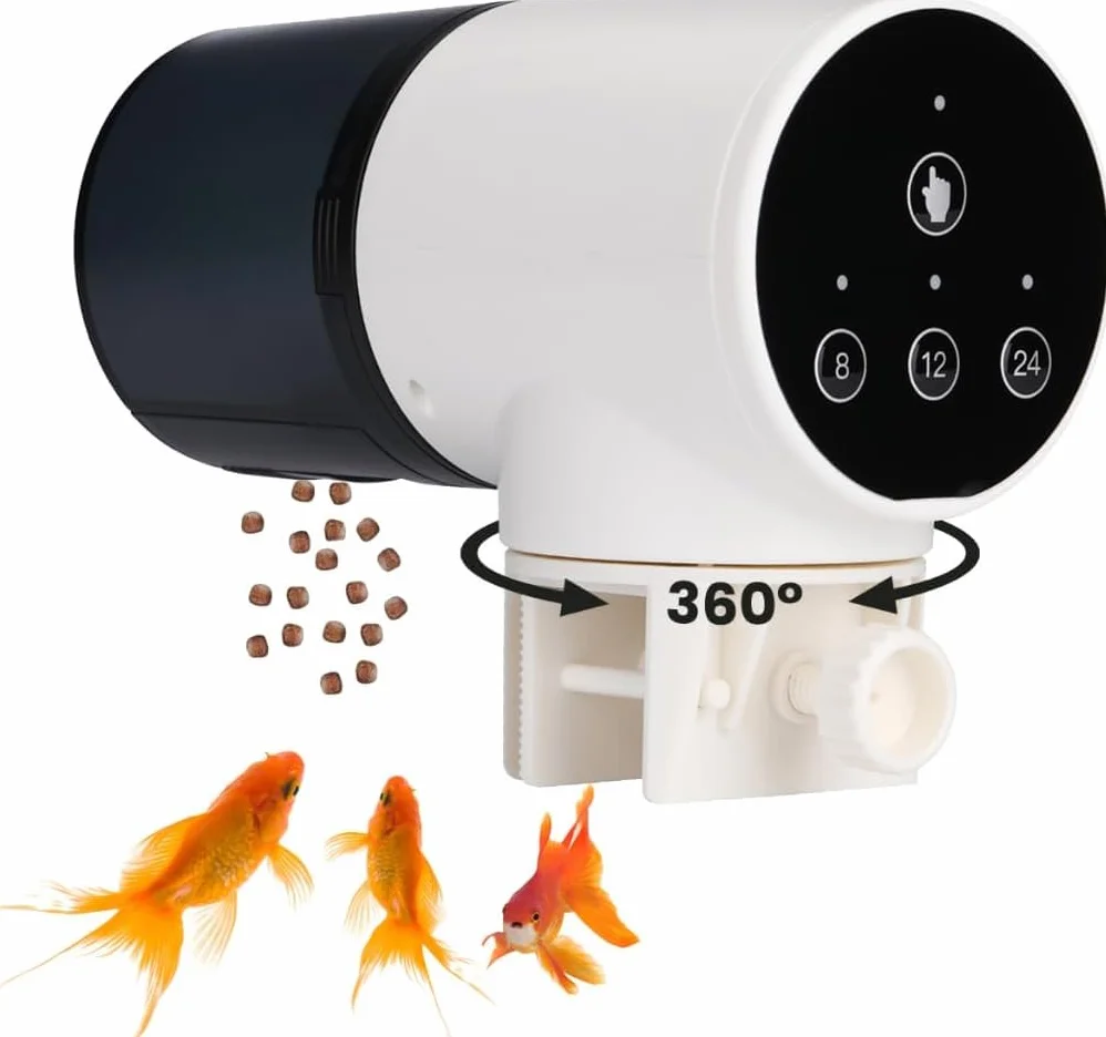 NK Dispensador Automático de Comida para Peces – 200 ml, Pantalla LCD, Programable en Modo Manual/8H/12H/24H, Soporte Giratorio 360°, Control por Botón y Sistema de Fijación Estable