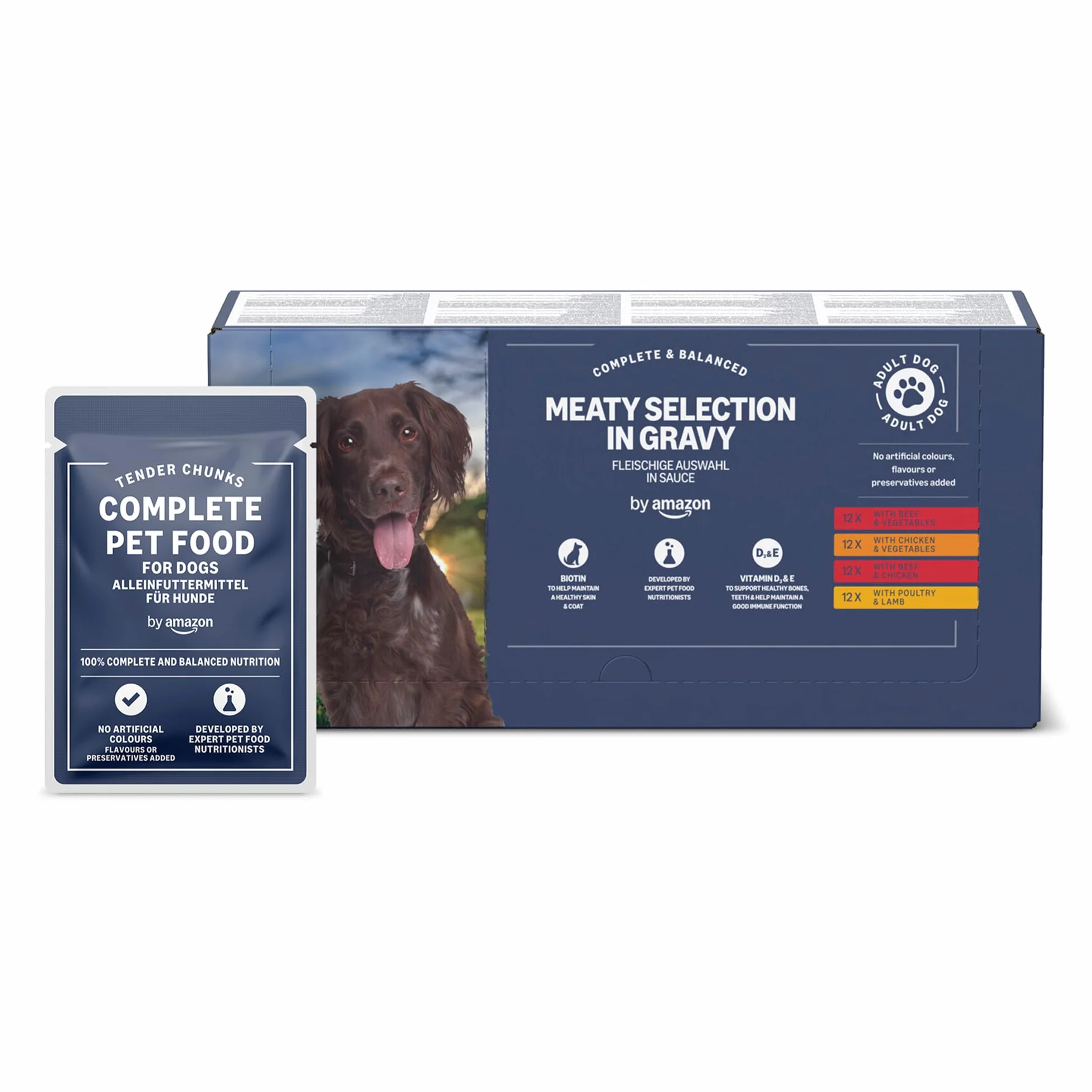 by Amazon Alimento Completo para Perros Adultos - Selección de Carne en Salsa, 4,8kg (48 Paquetes de 100g)