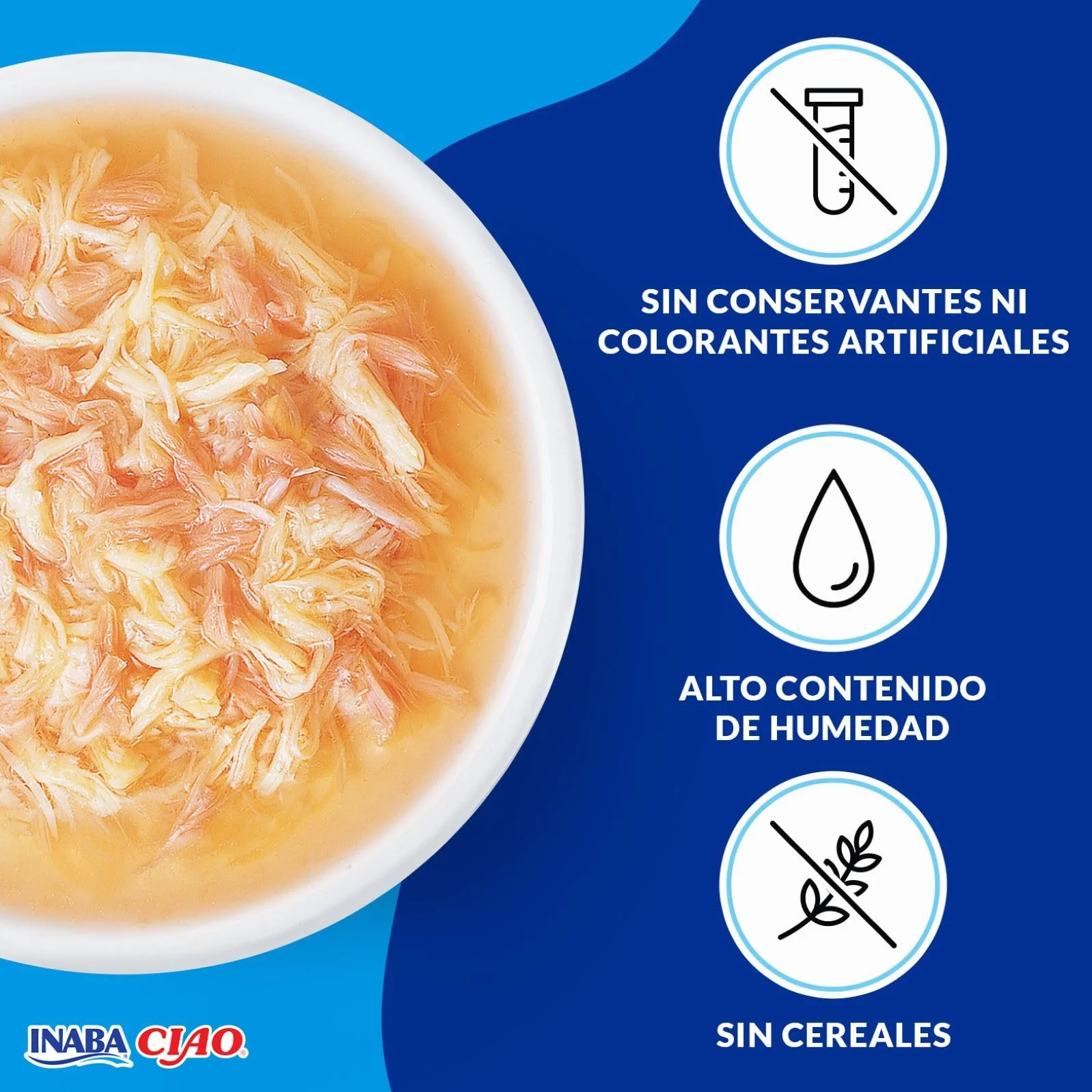 INABA Ciao Broth Gatos - Receta Saludable de Caldo de Pollo, 3 Sabores Diferentes - Comida Húmeda con Tiras de Pollo, Salmón y Atún - Natural, sin Cereales - 960g (24 Sobres x 40g)