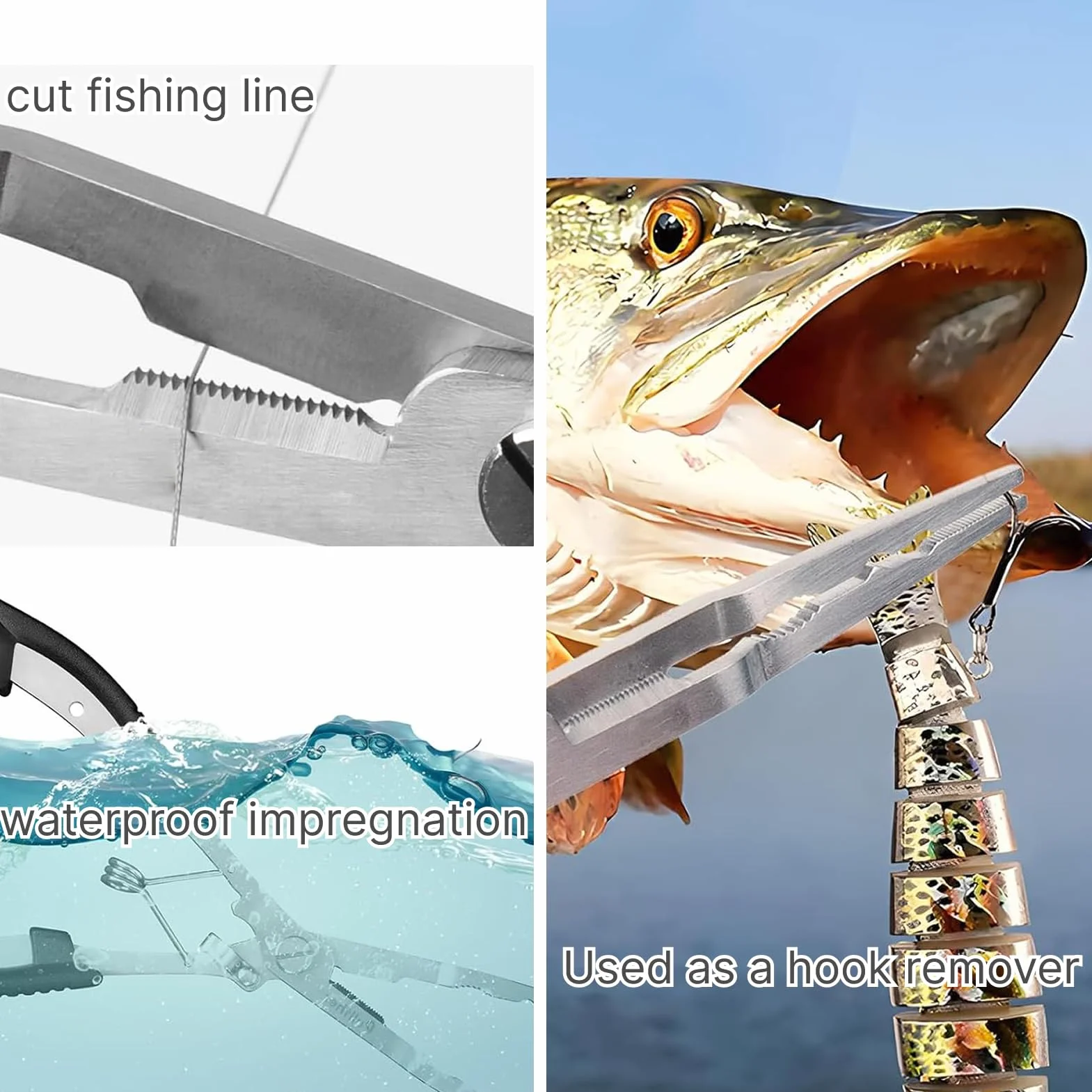 Pinza de pesca de acero inoxidable, Alicates de punta larga con cordón de seguridad para pesca en agua dulce y salada