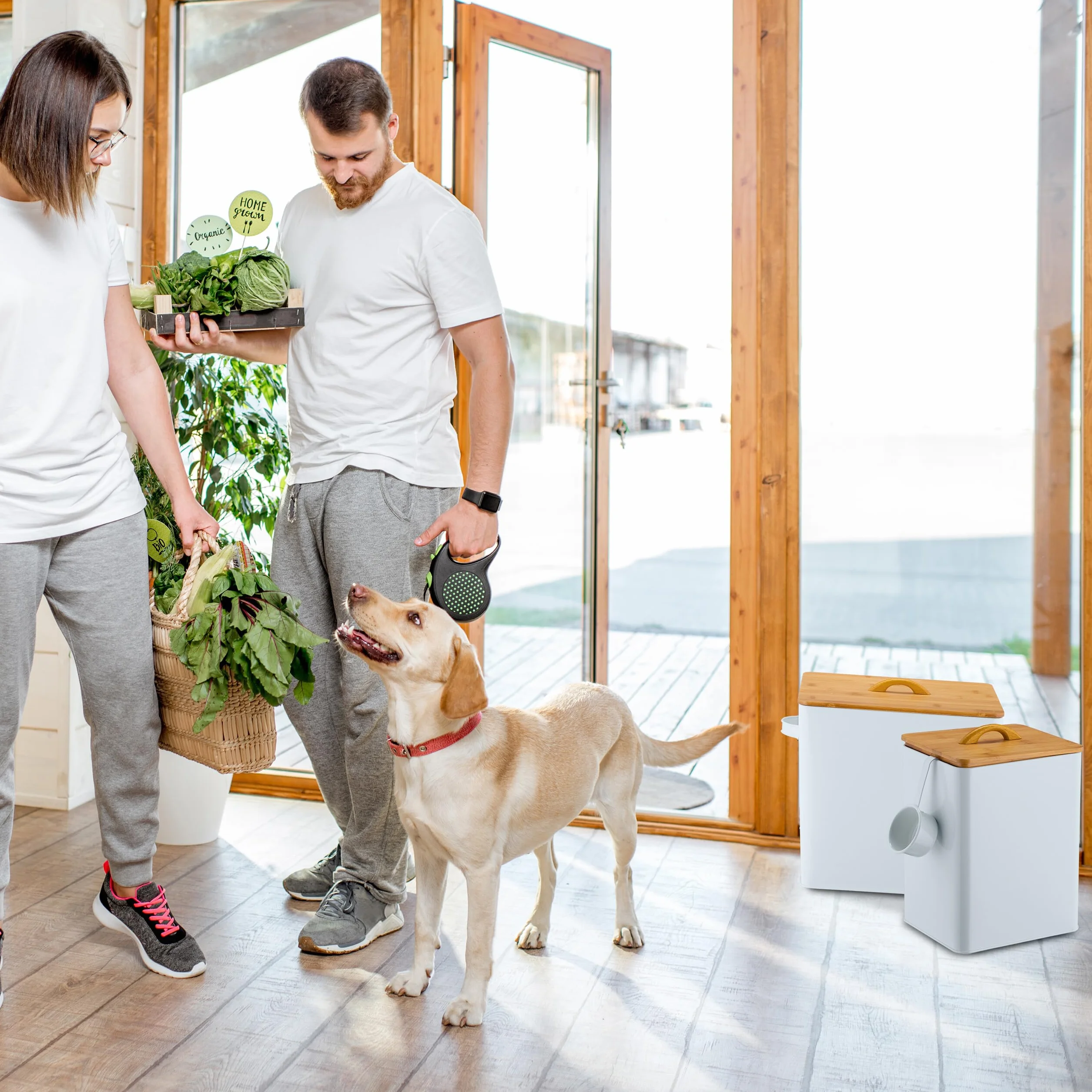 Relaxdays Pack 2 Recipientes de Comida de Mascotas, con Tapa de Bambú y Cuchara, Contenedores Pienso, Blanco y Natural