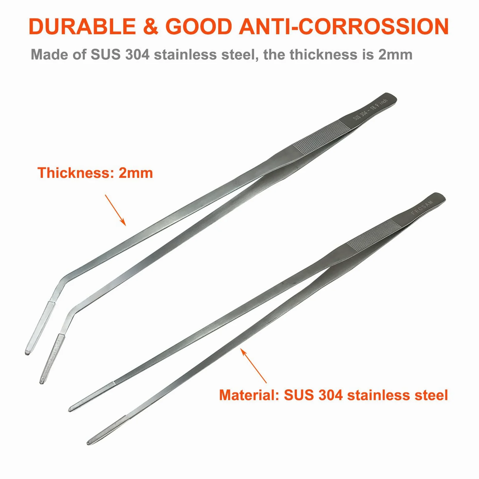 2 pinzas extralargas con punta de goma, pinzas de alimentación, 48.0 cm para acuario Fecsam de acero inoxidable, herramientas grandes para pecera, terrario, acuascaping, serpiente reptil