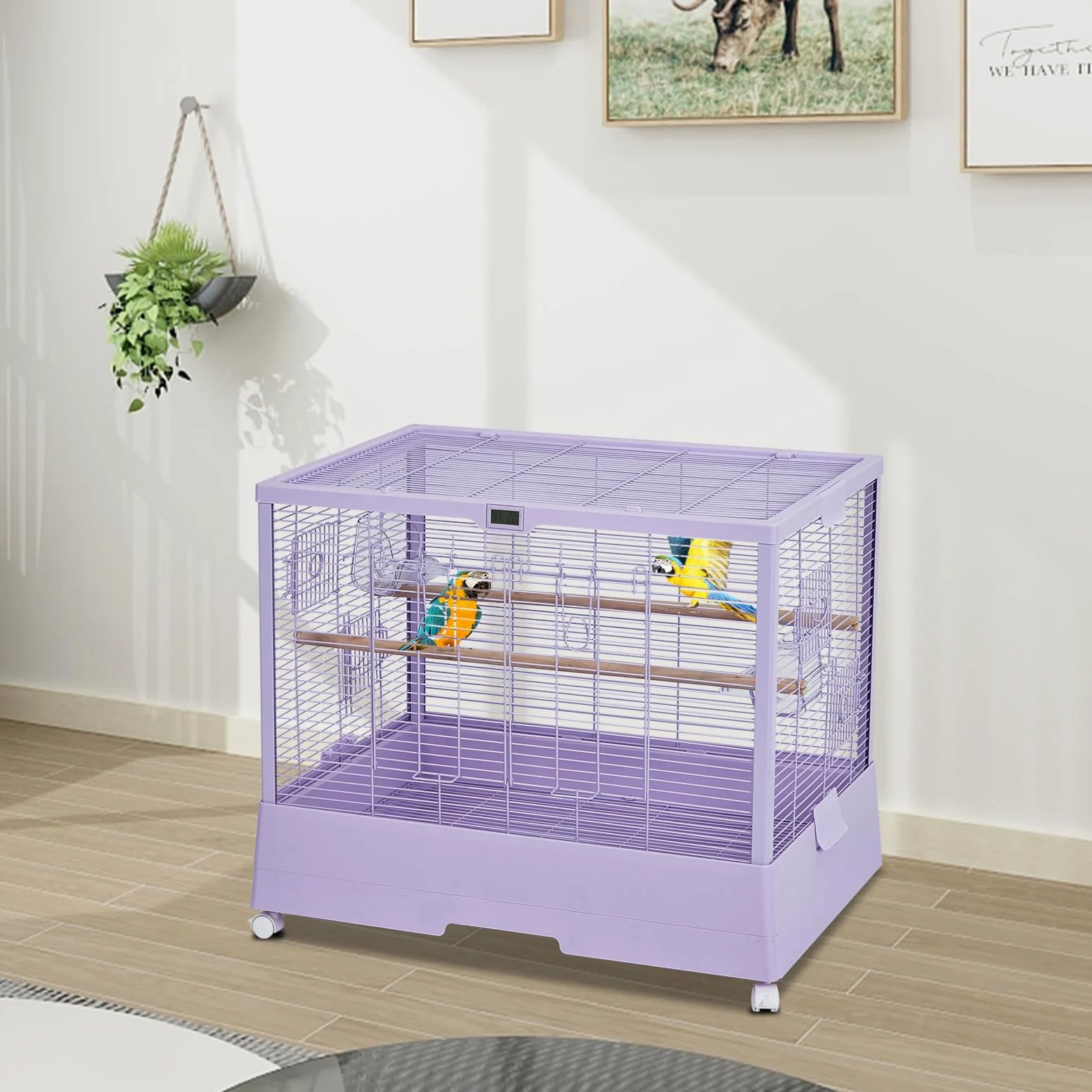 Garvee Jaula de metal para pájaros pequeños, jaula de loro, jaula de hierro forjado con soporte, ruedas, bandeja deslizante accesorios y estante de almacenamiento para periquitos, tortolitos, canarios