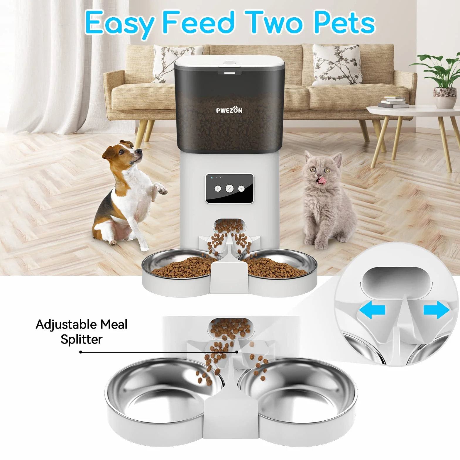 6L Comederos Automáticos para Gatos y Perros con Dos Tazones, PWEZON Inteligente WiFi Dispensador de Alimentación Automático para Dos Mascotas, Temporizador, Control de Porciones, Grabadora de Voz