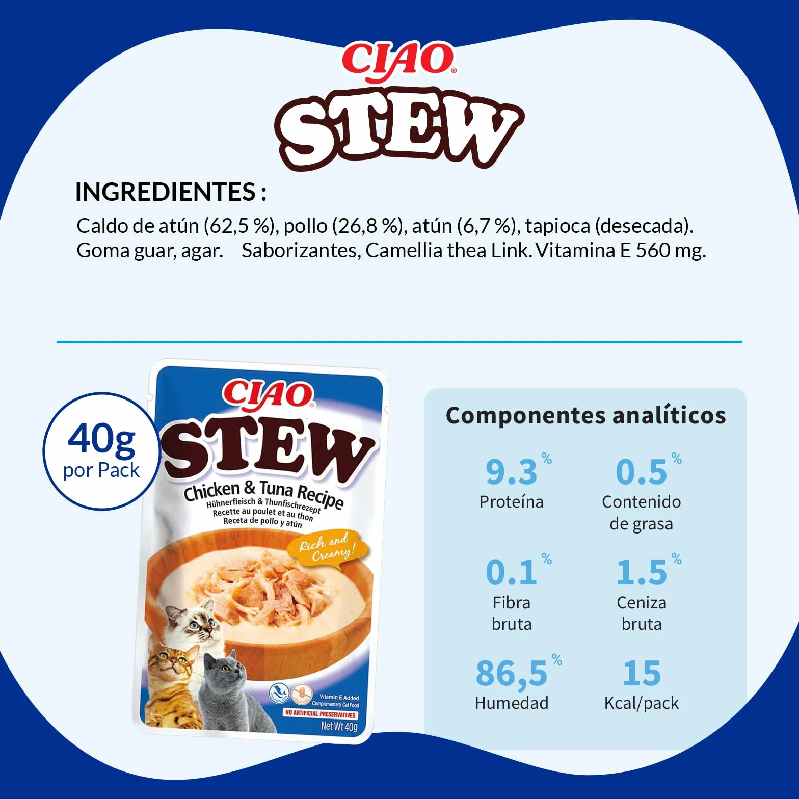 INABA Ciao Stew - Guiso Saludable para Gatos - Snacks, Receta de Pollo con Atún - Premios Ricos y Cremosos - Sin Cereales, Conservantes, Colorantes - Pocas Calorías - 40g