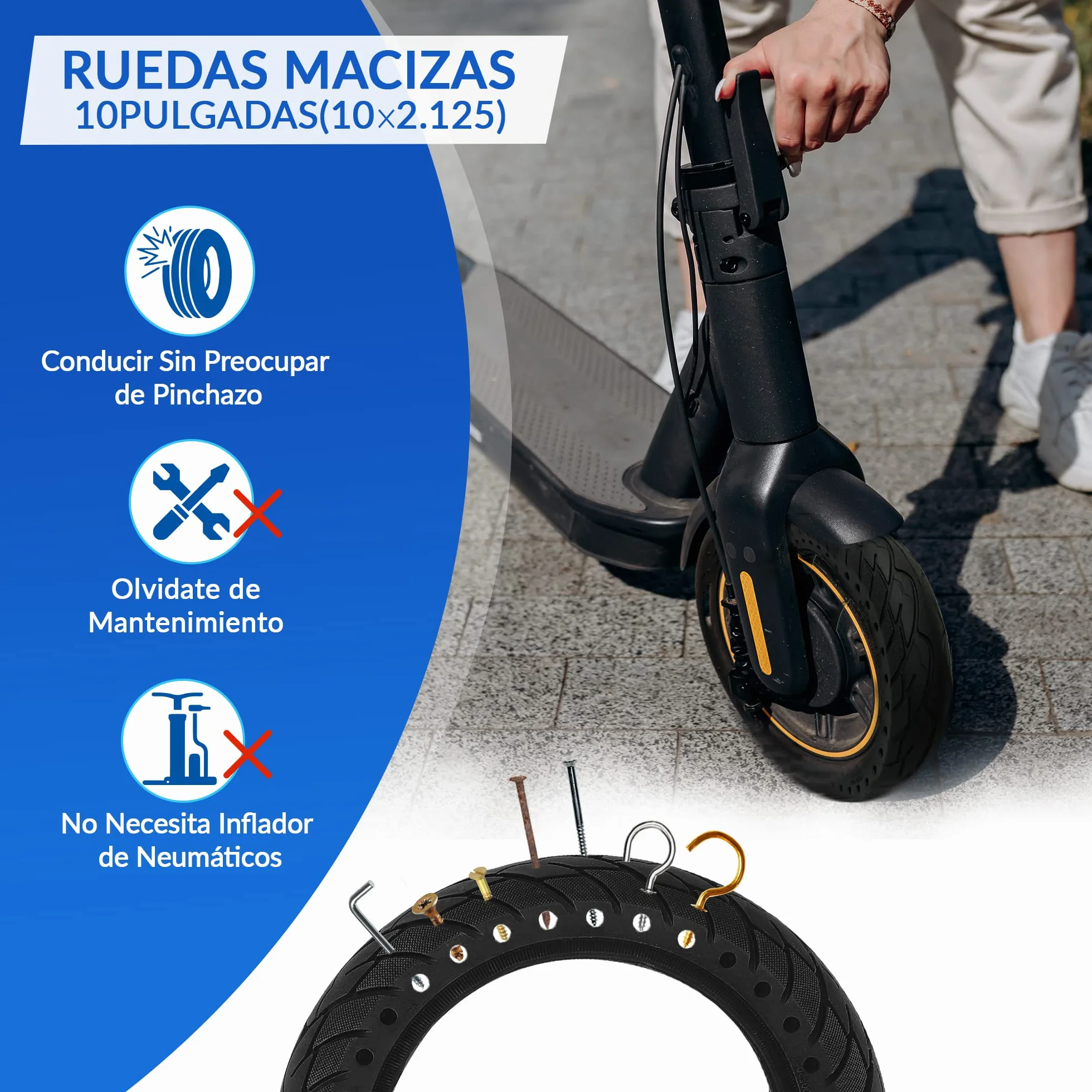 Ruedas Macizas 10x2.125 Antipinchazos Compatible con Xiaomi 4 Lite, Smartgyro Ziro, Vivobike S2 Max, Navee V25i Pro (2uds)