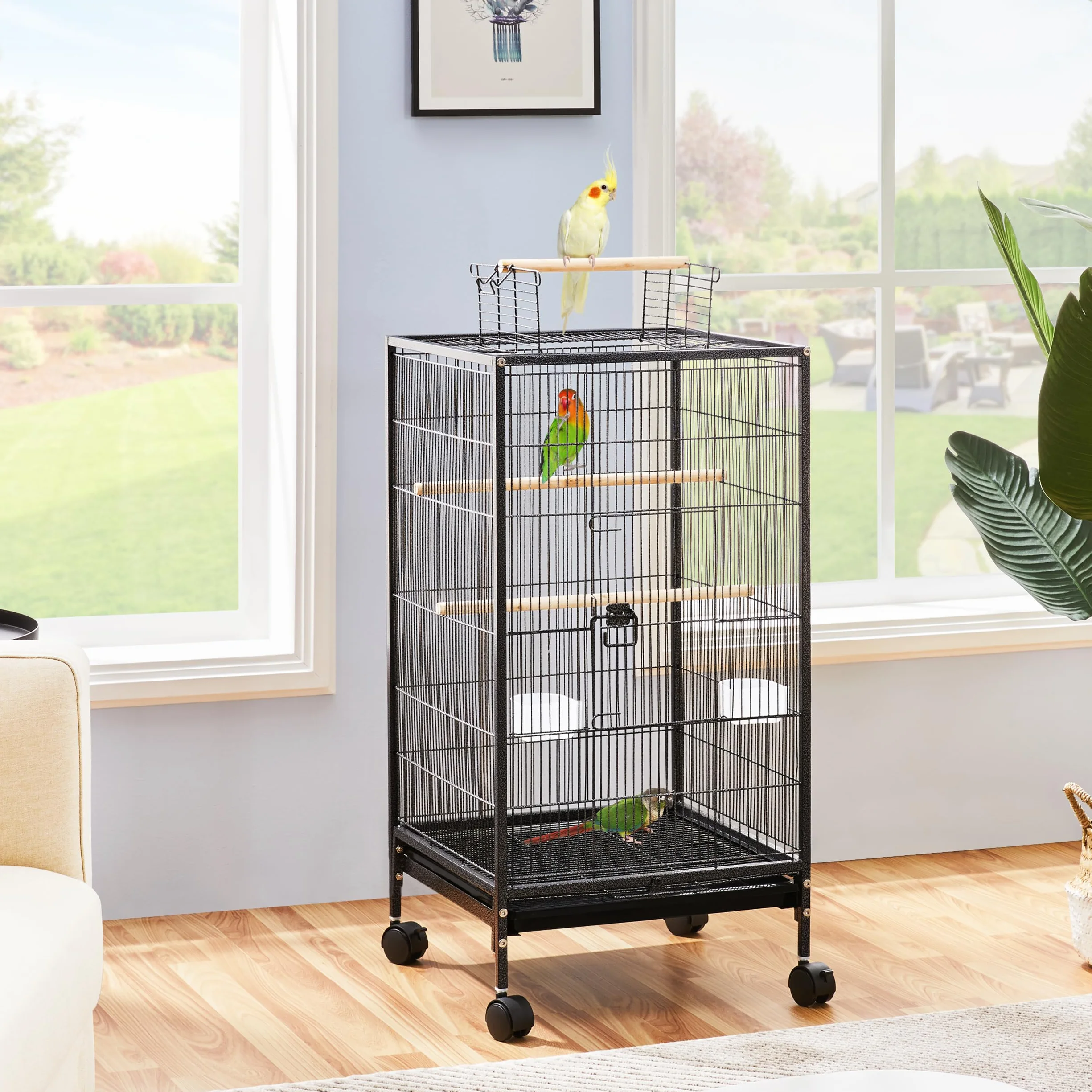 Yaheetech Jaula para Pájaros Jaula con Ruedas para Mascota Aves Loros Canarios Jaula Metálica 45,5x45,5x100,5 cm