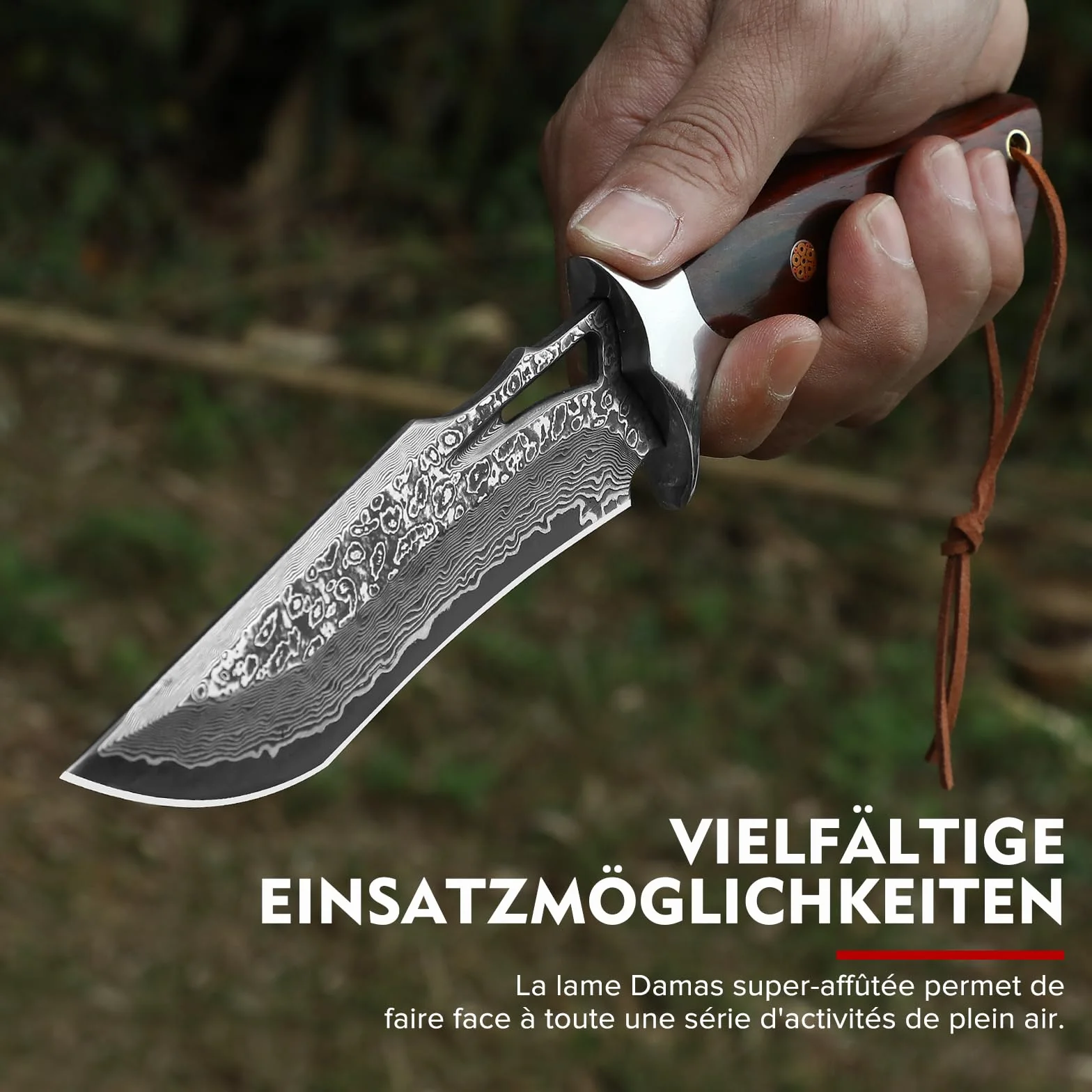 Omesio Cuchillo de Supervivencia Damasco Acero Hoja Funda Incluida Mango Madera Estilo Japonés