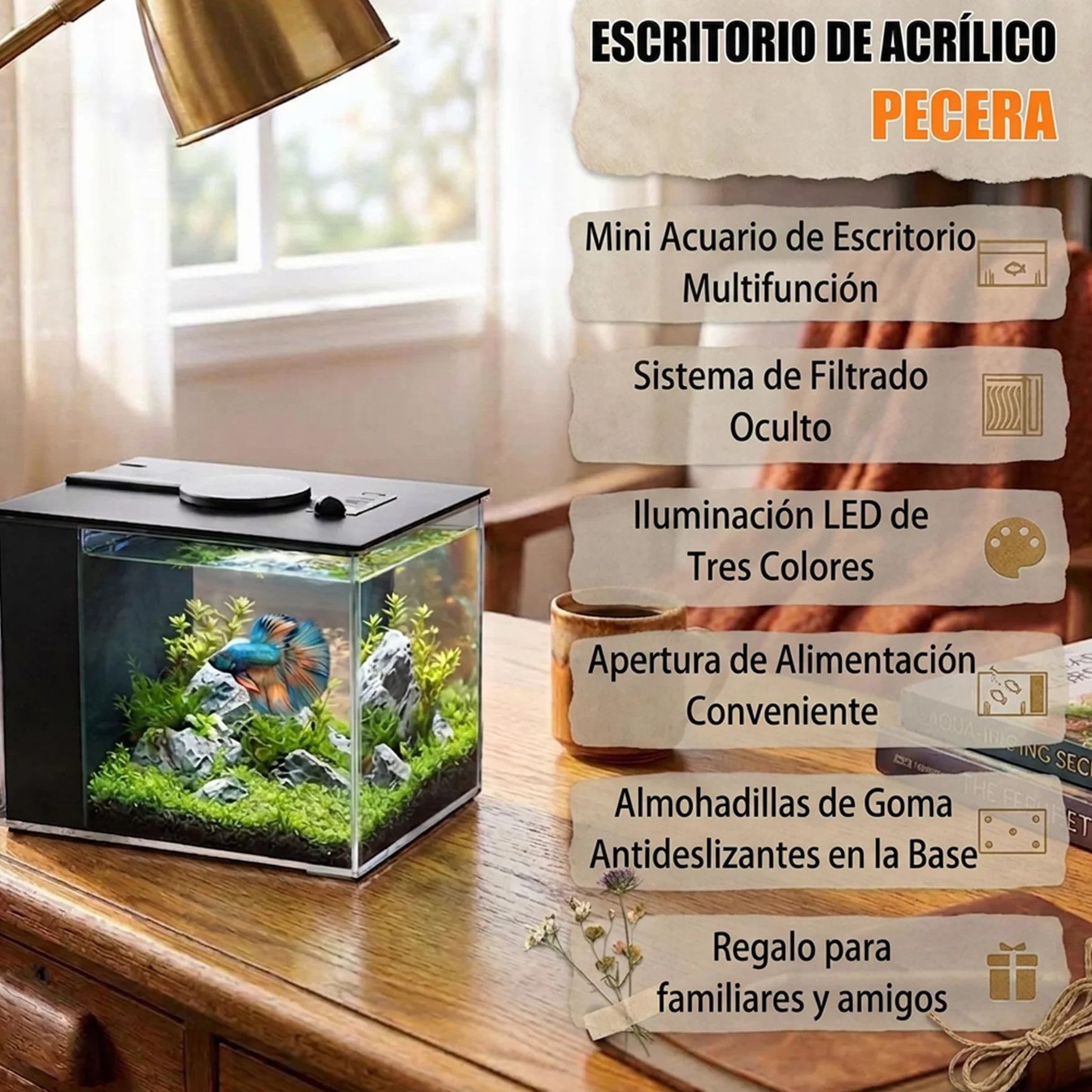 Vehipa 3,7L Acuarios pez Beta Completas, Pequeña Acuario de Acrílico con Bomba de Filtro de Agua y Luz LED, Ideal para Peces Pequeños, Gambas y Plantas (Negro)