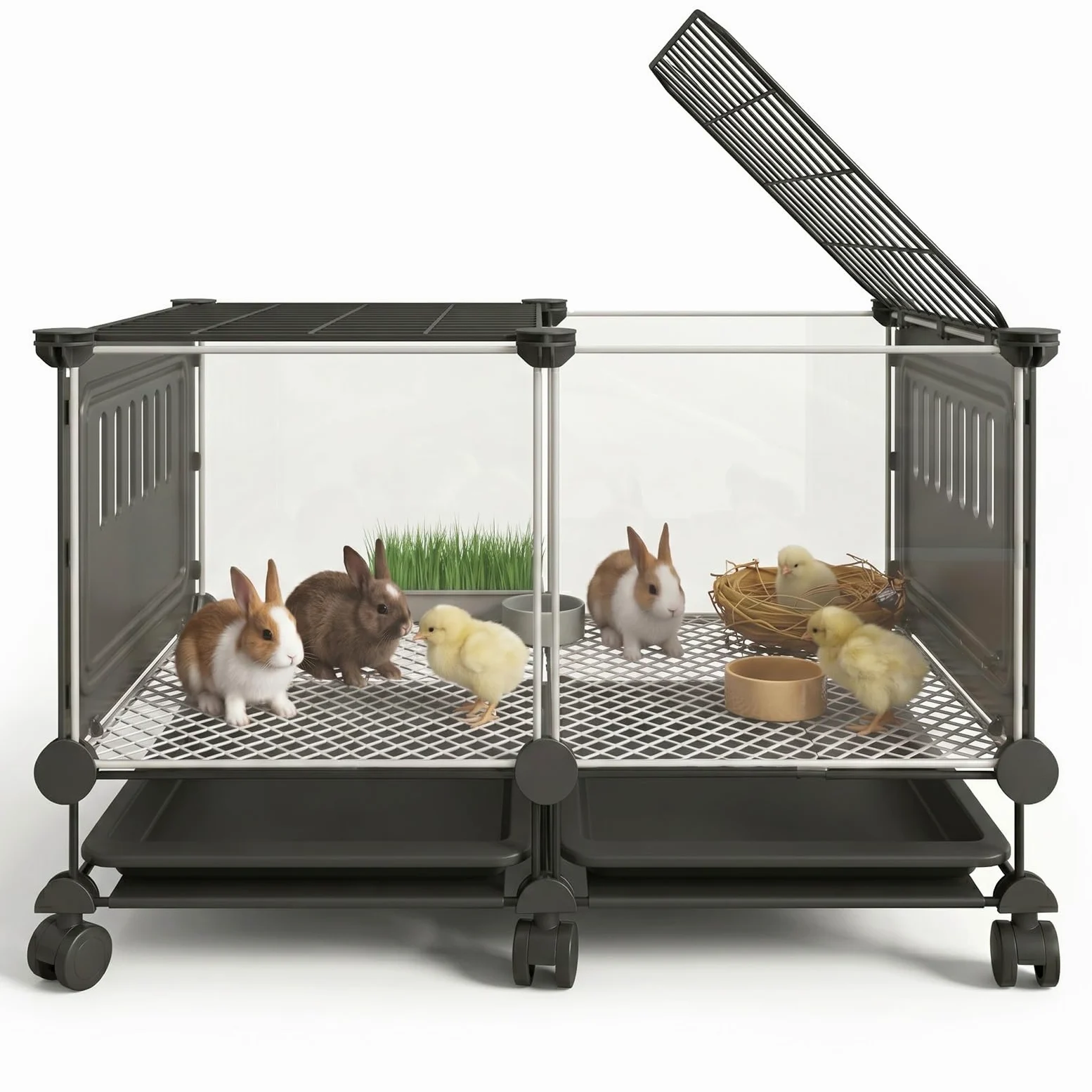 Jaula Grande para Animales pequeños, gallinero Transparente HD para Conejos y gallinas con Ruedas, Bandeja extraíble, Almohadillas Antideslizantes, Caja de cría para gallinas(Black,S)