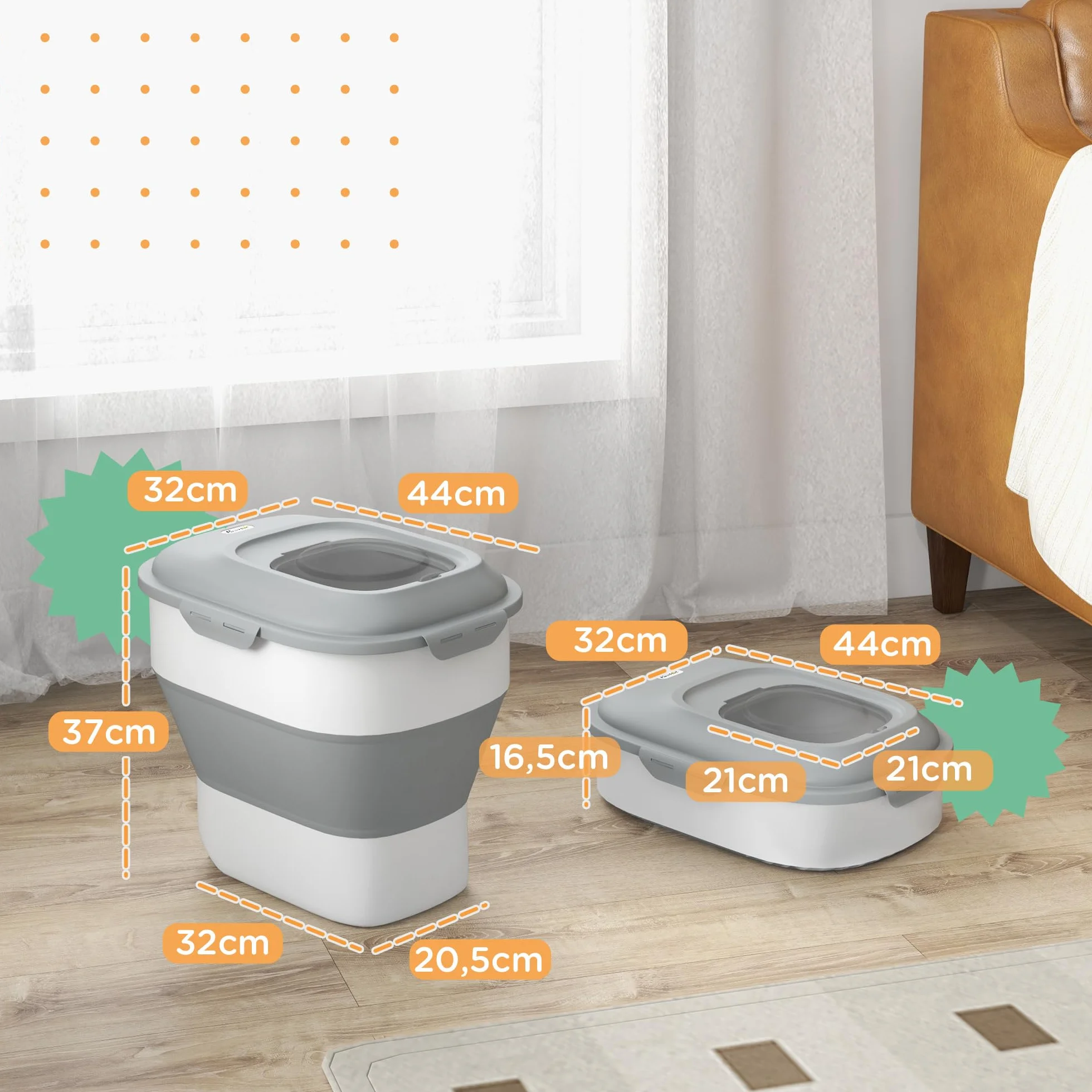 PawHut Contenedor de Comida para Perros Plegable 25L Contenedor de Pienso con Ruedas Taza Medidora Cuenco Plegable y Cuchara Contenedor de Comida para Mascotas Gatos Gris