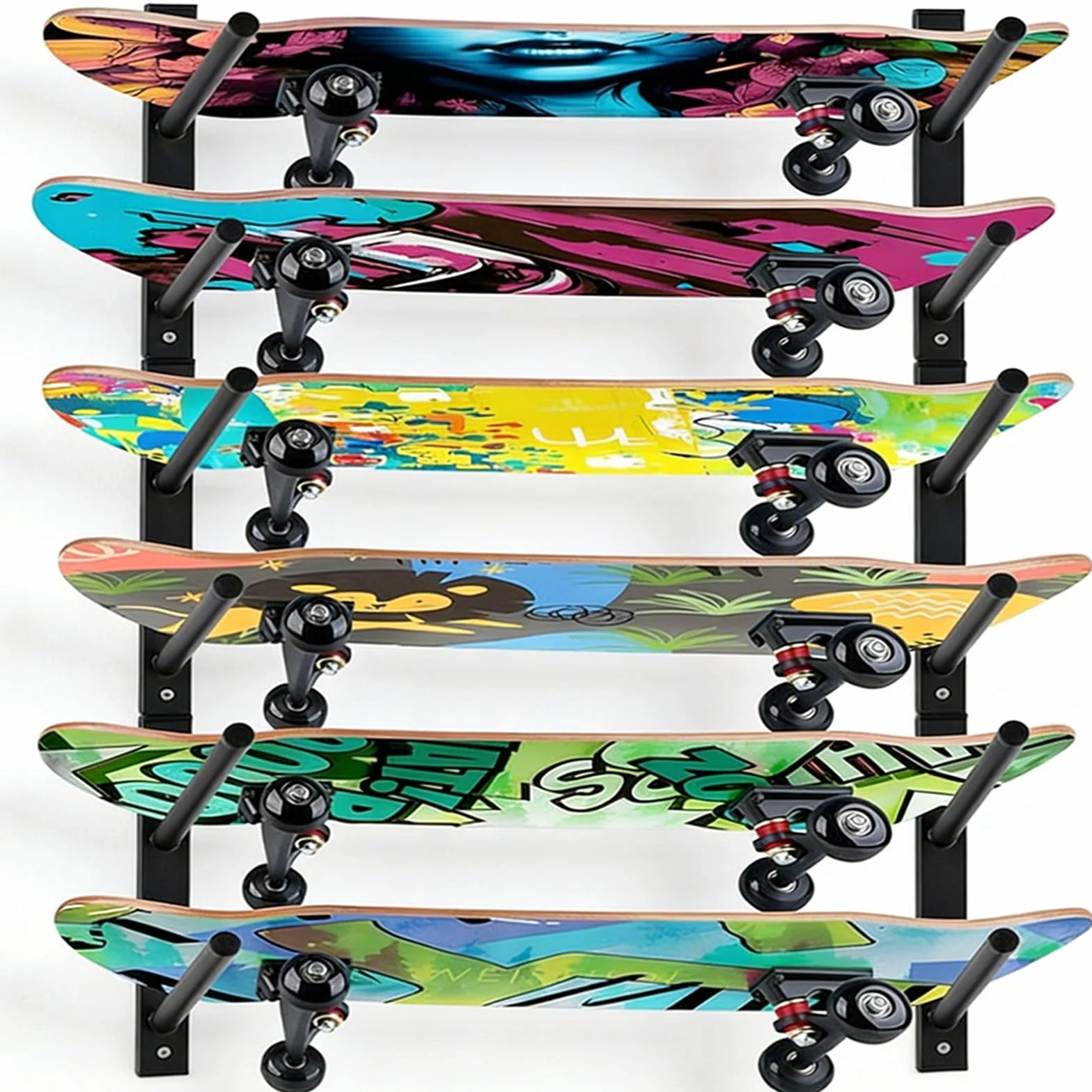 Soporte De Pared Para Monopatines, 6 Niveles, Acero Negro, Universal Para Longboards, Snowboards Y Wakeboards