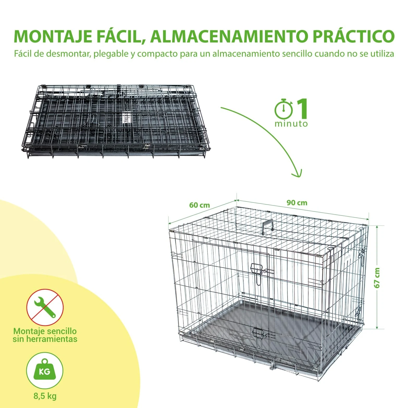 Jaula para Perro FortressooL, transportín para Perro y Cachorro 90x60x67 cm, Plegable, 2 Puertas, Bandeja extraíble, Uso Interior, garantía de 5 años